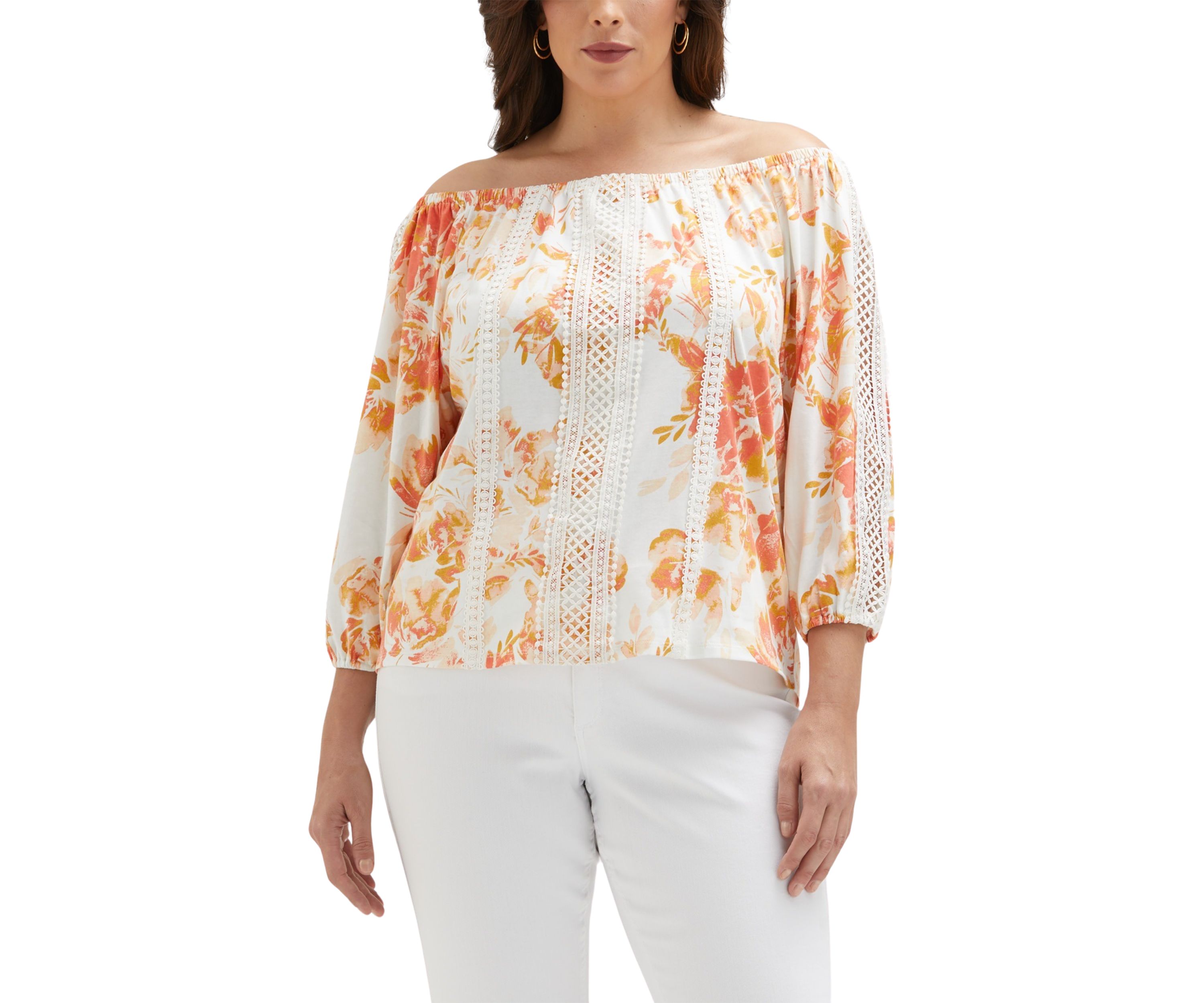 Plus Size Floral Print Lace Trim 3/4 Sleeve Off the Shoulder Top