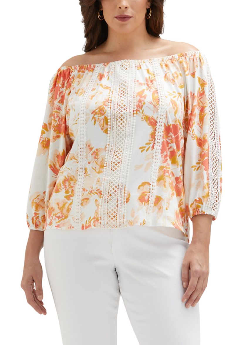 Plus Size Floral Print Lace Trim 3/4 Sleeve Off the Shoulder Top