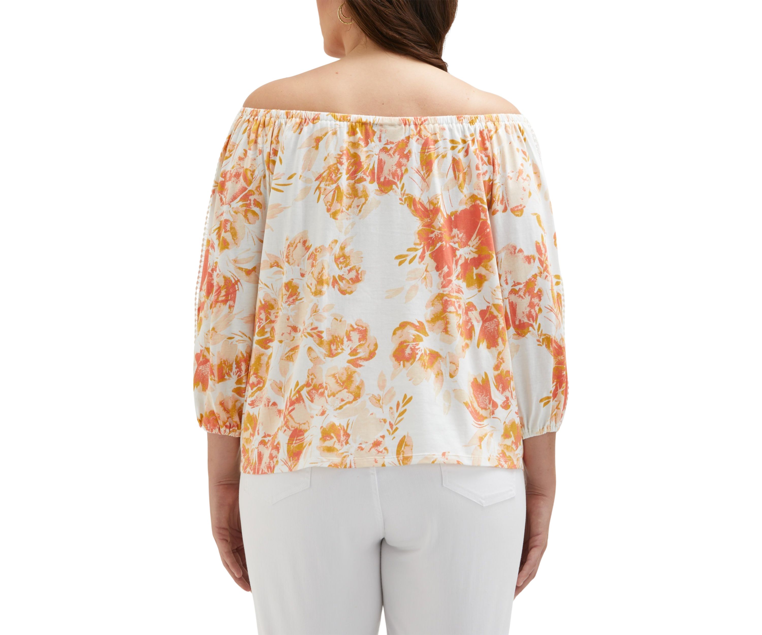 Plus Size Floral Print Lace Trim 3/4 Sleeve Off the Shoulder Top