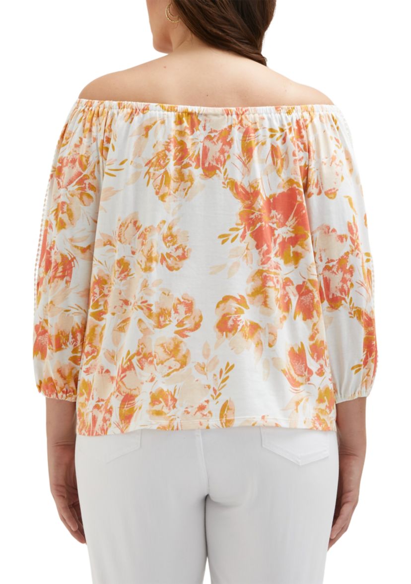 Plus Size Floral Print Lace Trim 3/4 Sleeve Off the Shoulder Top