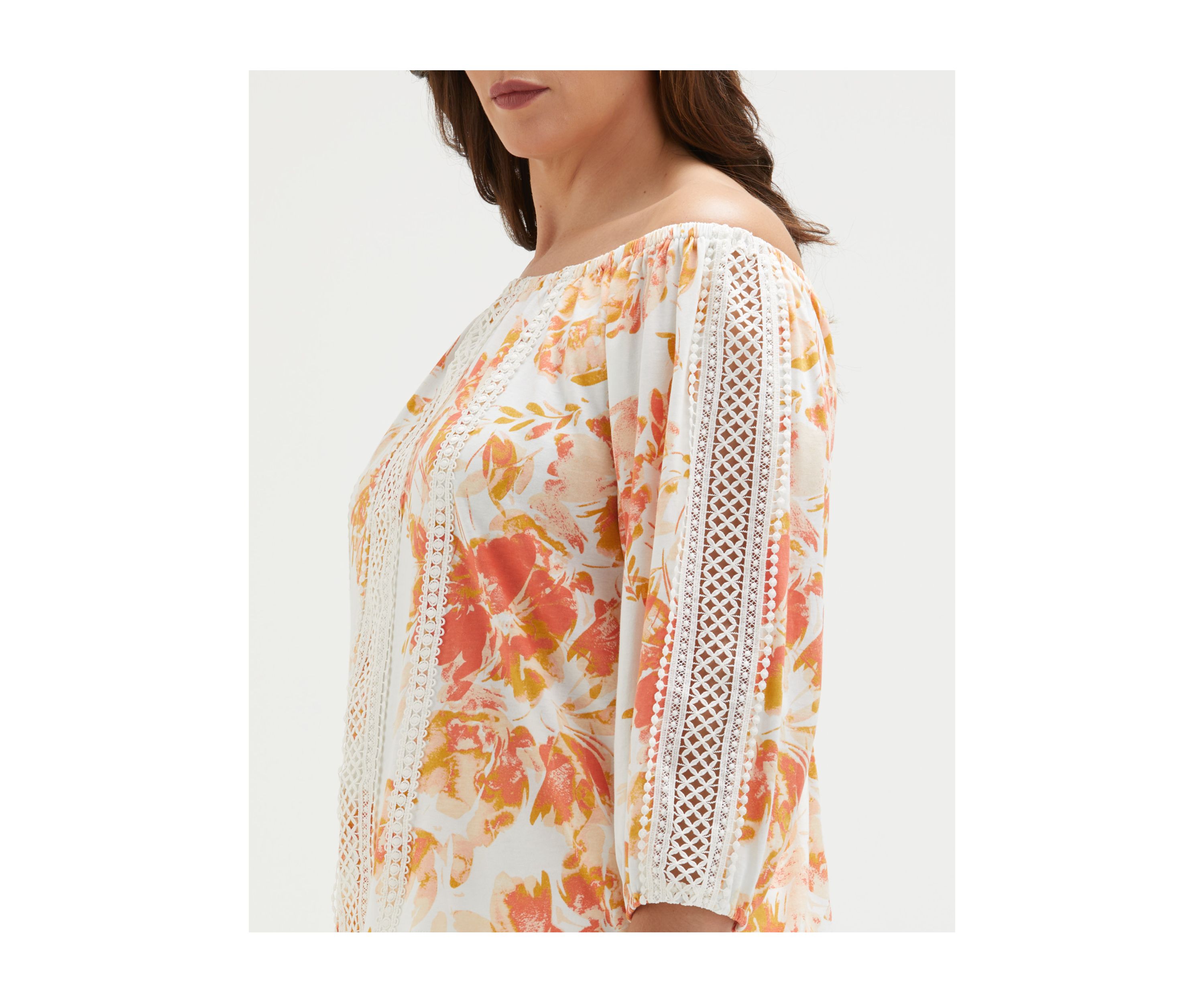 Plus Size Floral Print Lace Trim 3/4 Sleeve Off the Shoulder Top