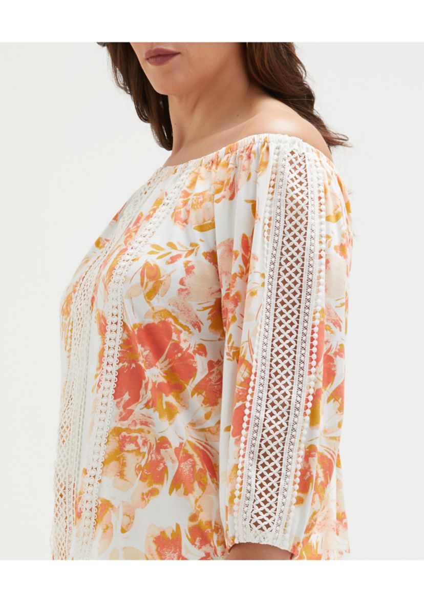 Plus Size Floral Print Lace Trim 3/4 Sleeve Off the Shoulder Top