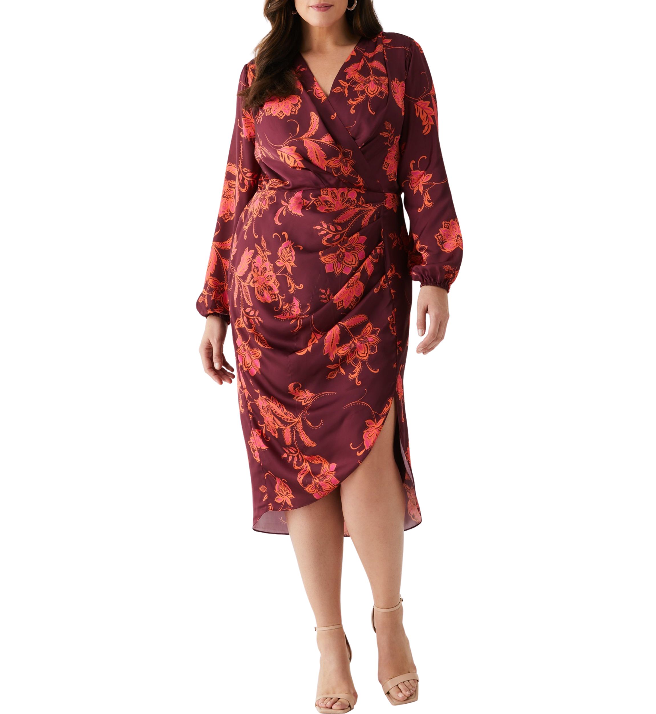 Plus Size Faux Wrap Long Sleeve Midi Dress