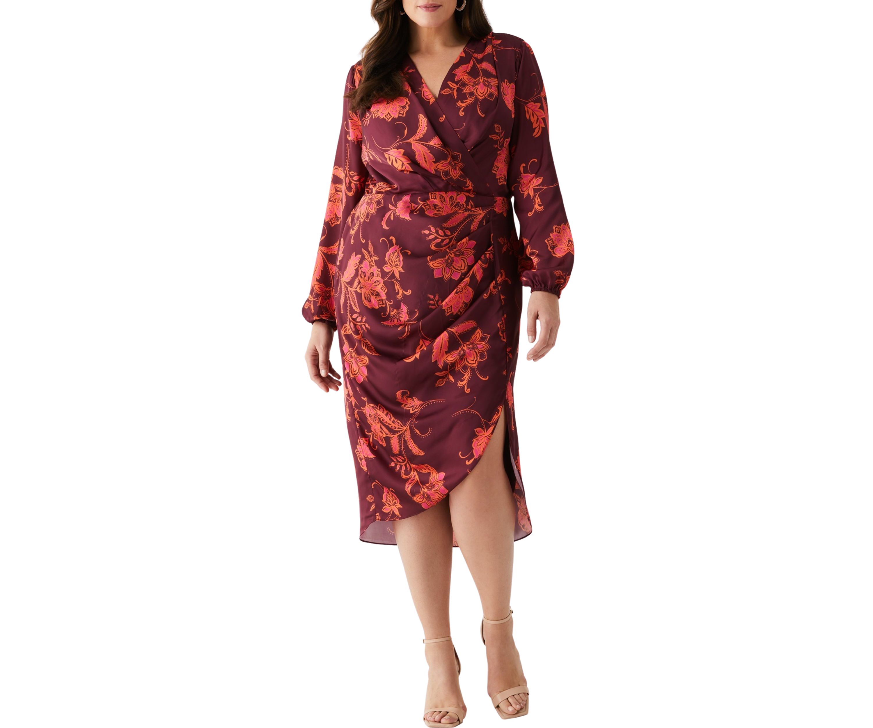 Plus Size Faux Wrap Long Sleeve Midi Dress