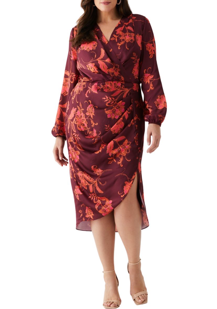 Plus Size Faux Wrap Long Sleeve Midi Dress