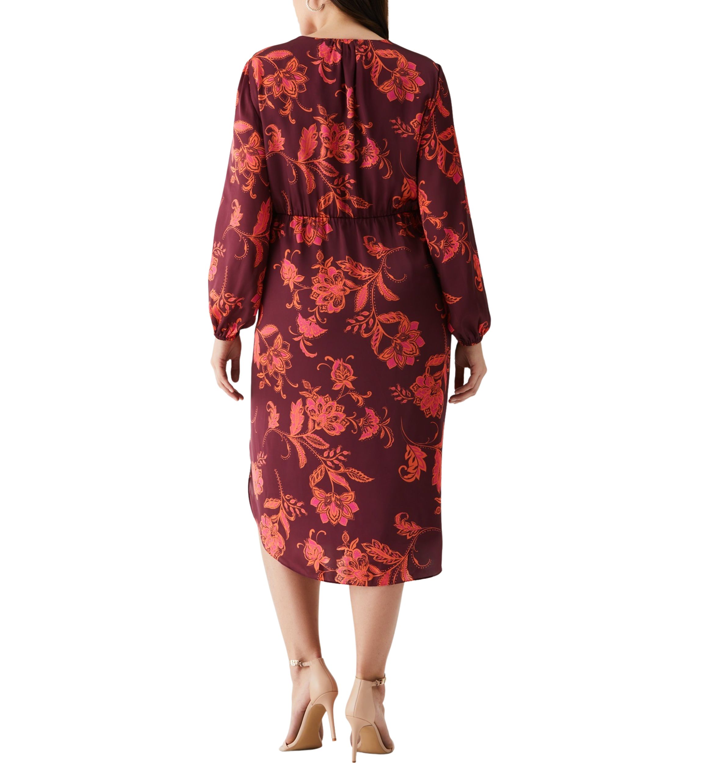 Plus Size Faux Wrap Long Sleeve Midi Dress