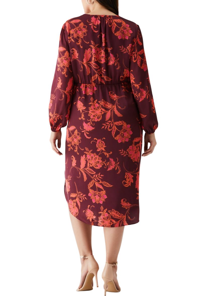 Plus Size Faux Wrap Long Sleeve Midi Dress