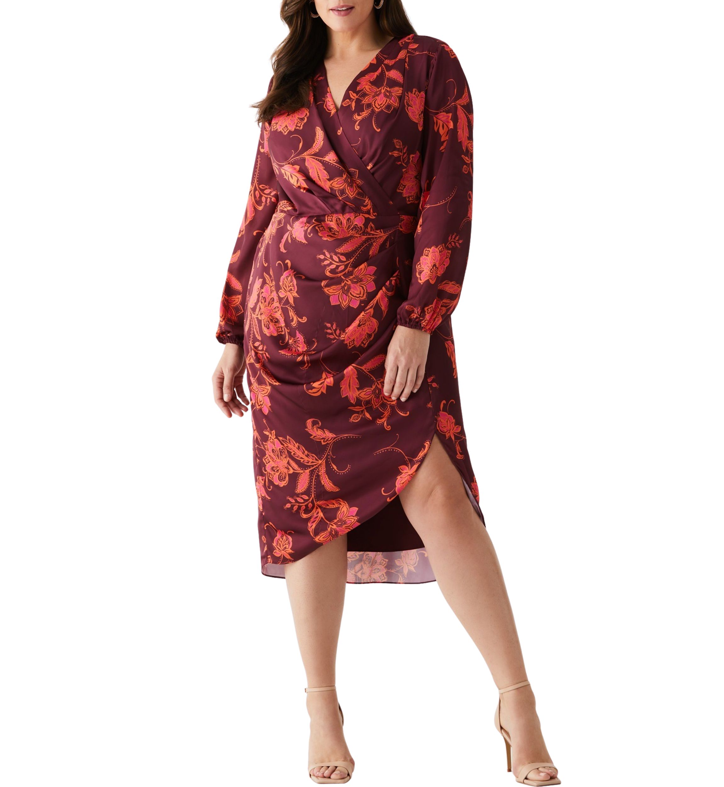 Plus Size Faux Wrap Long Sleeve Midi Dress
