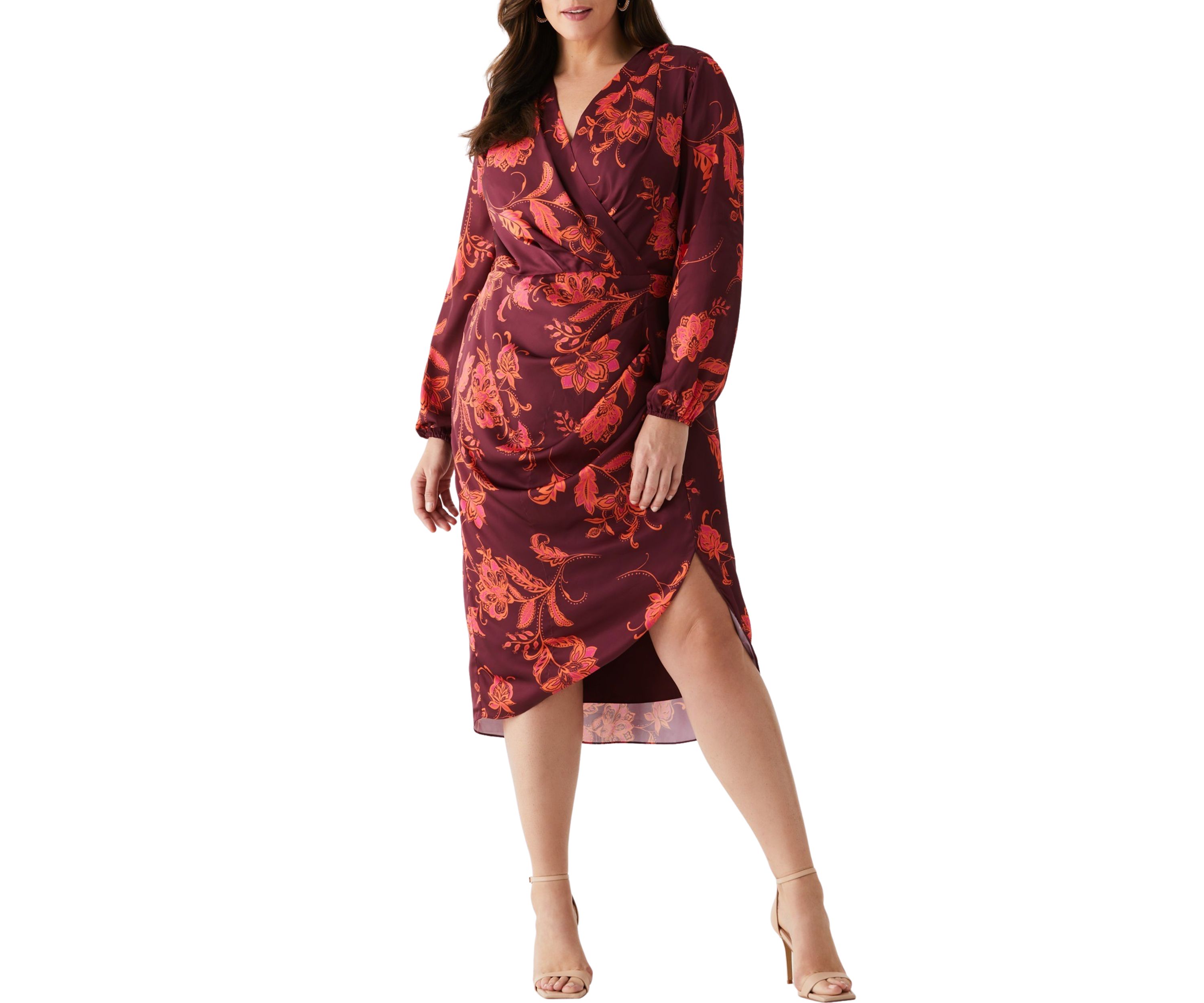 Plus Size Faux Wrap Long Sleeve Midi Dress