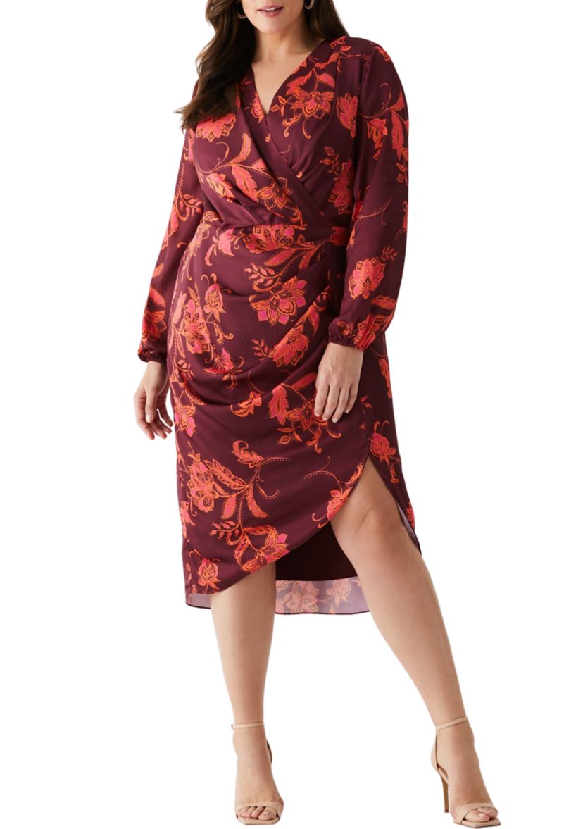 Plus Size Faux Wrap Long Sleeve Midi Dress