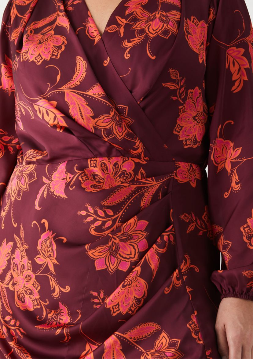 Plus Size Faux Wrap Long Sleeve Midi Dress
