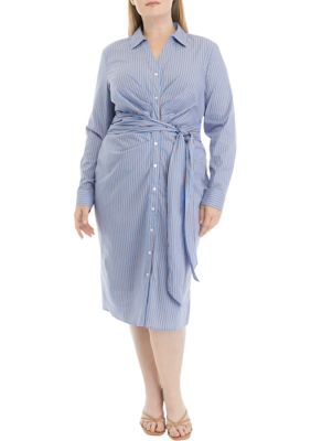 ELLA Rafaella Women's Plus Size Striped Tied Long Sleeve Shirtdress, 0X