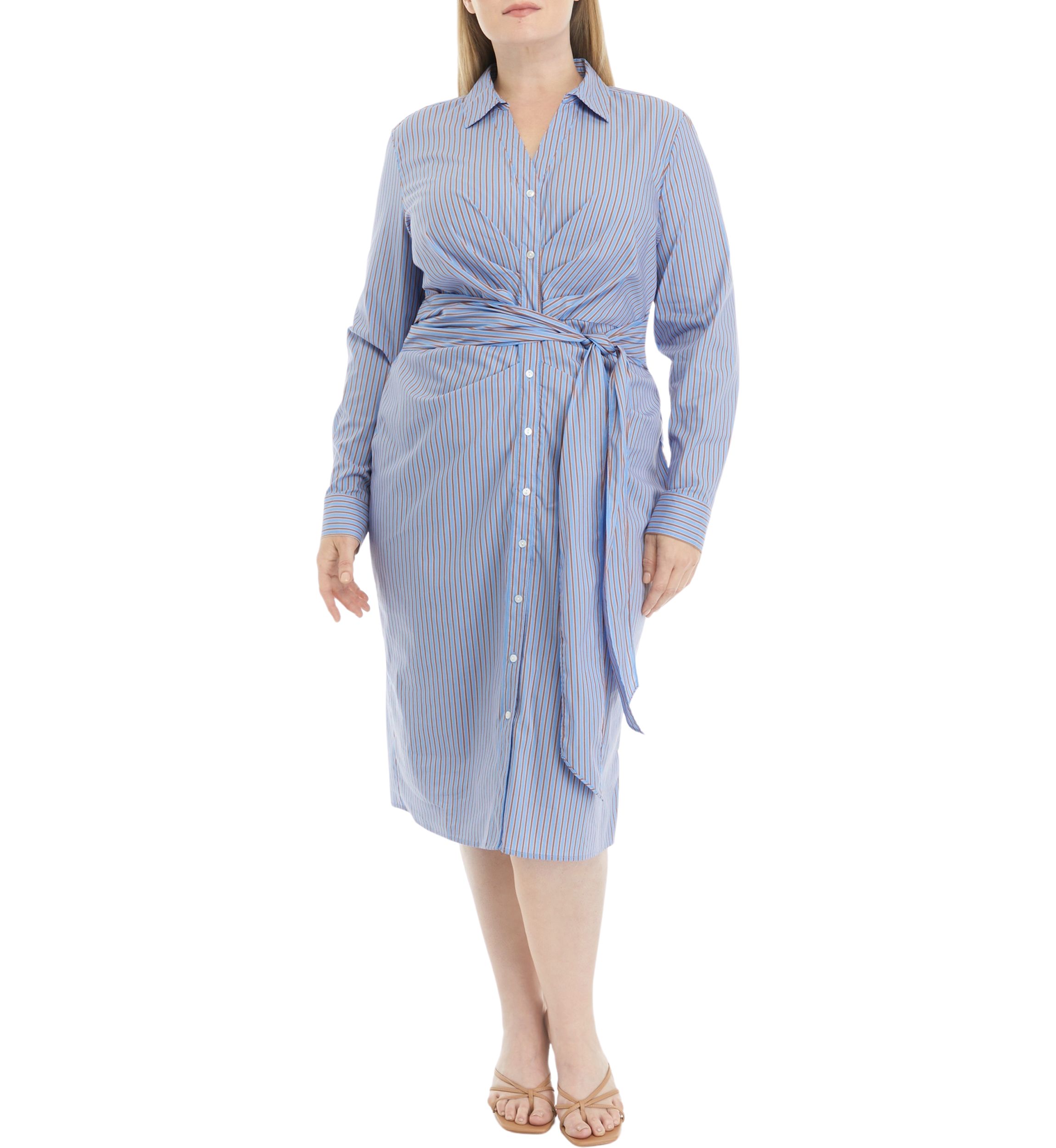 Plus Size Striped Tied Long Sleeve Shirtdress