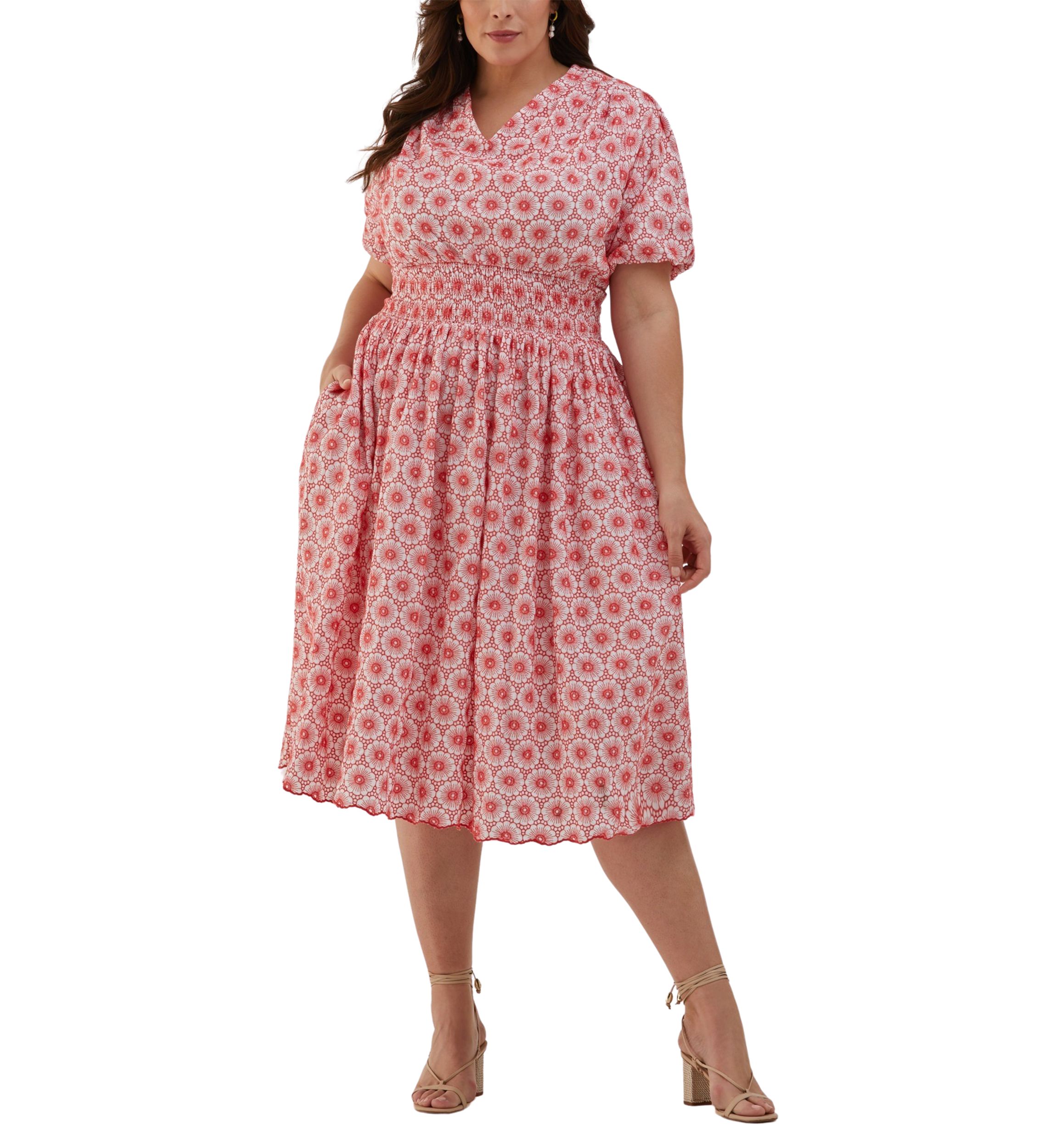 Plus Size Daisy Embroidered Smocked Puff Short Sleeve Dress