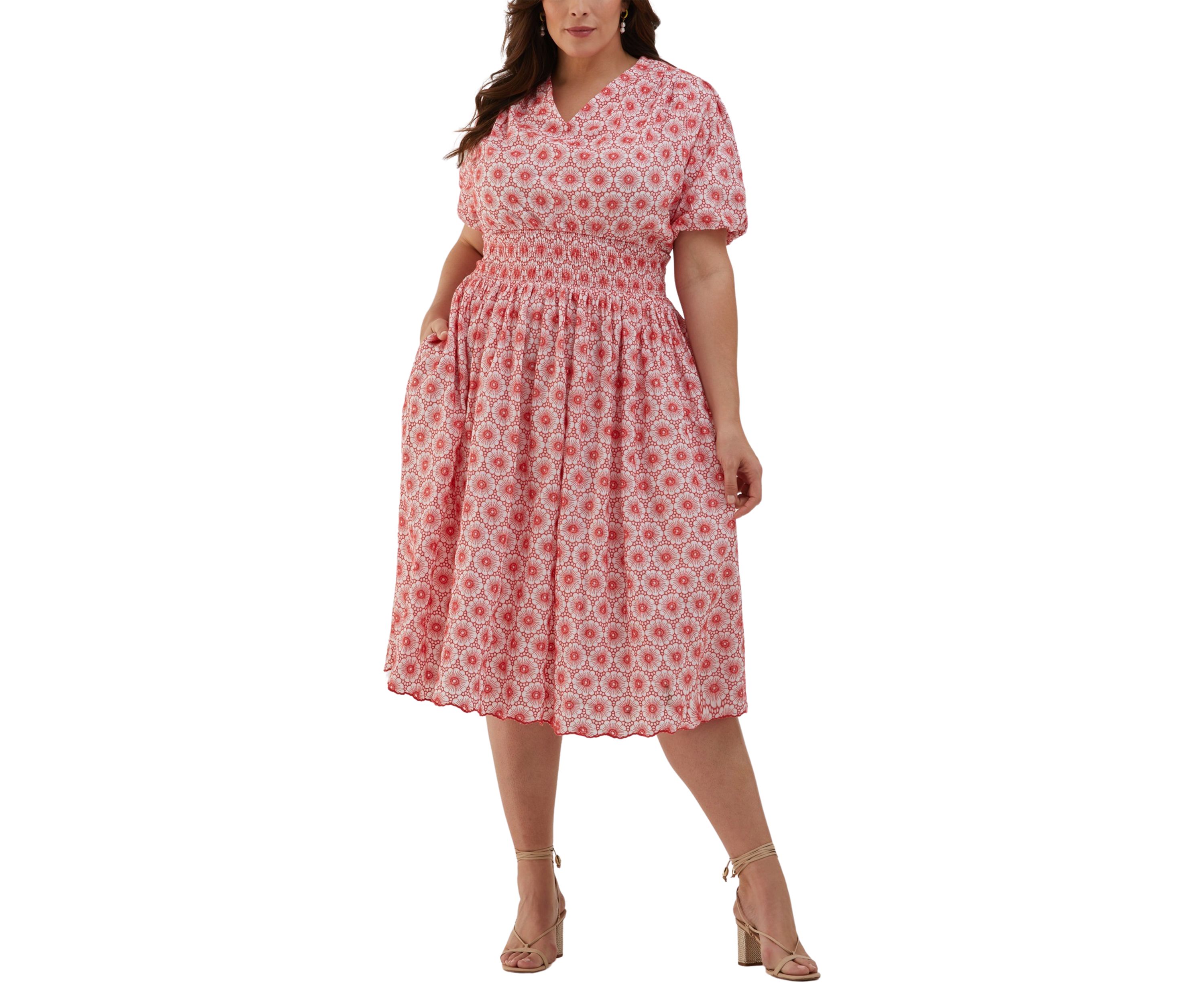 Plus Size Daisy Embroidered Smocked Puff Short Sleeve Dress