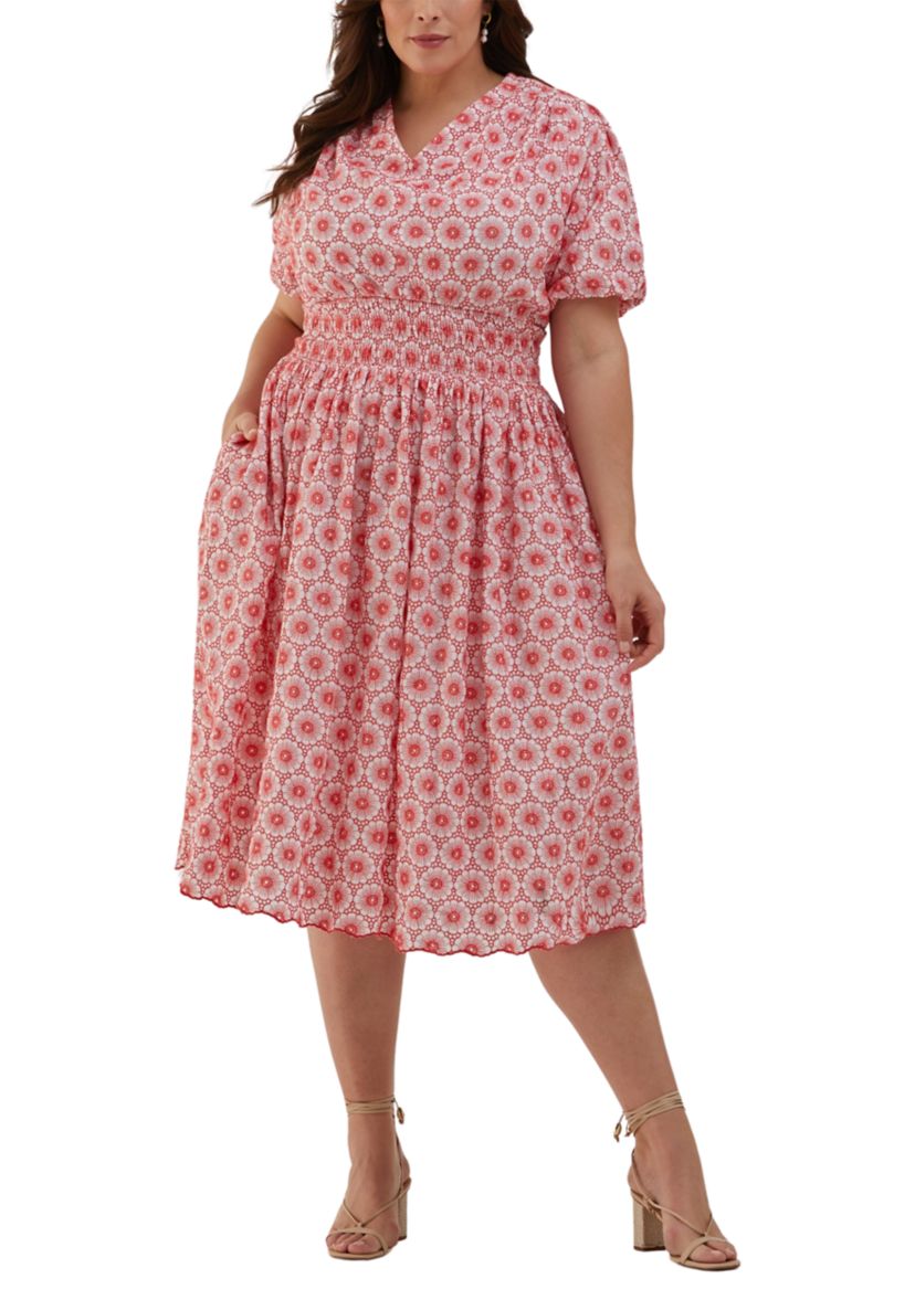 Plus Size Daisy Embroidered Smocked Puff Short Sleeve Dress
