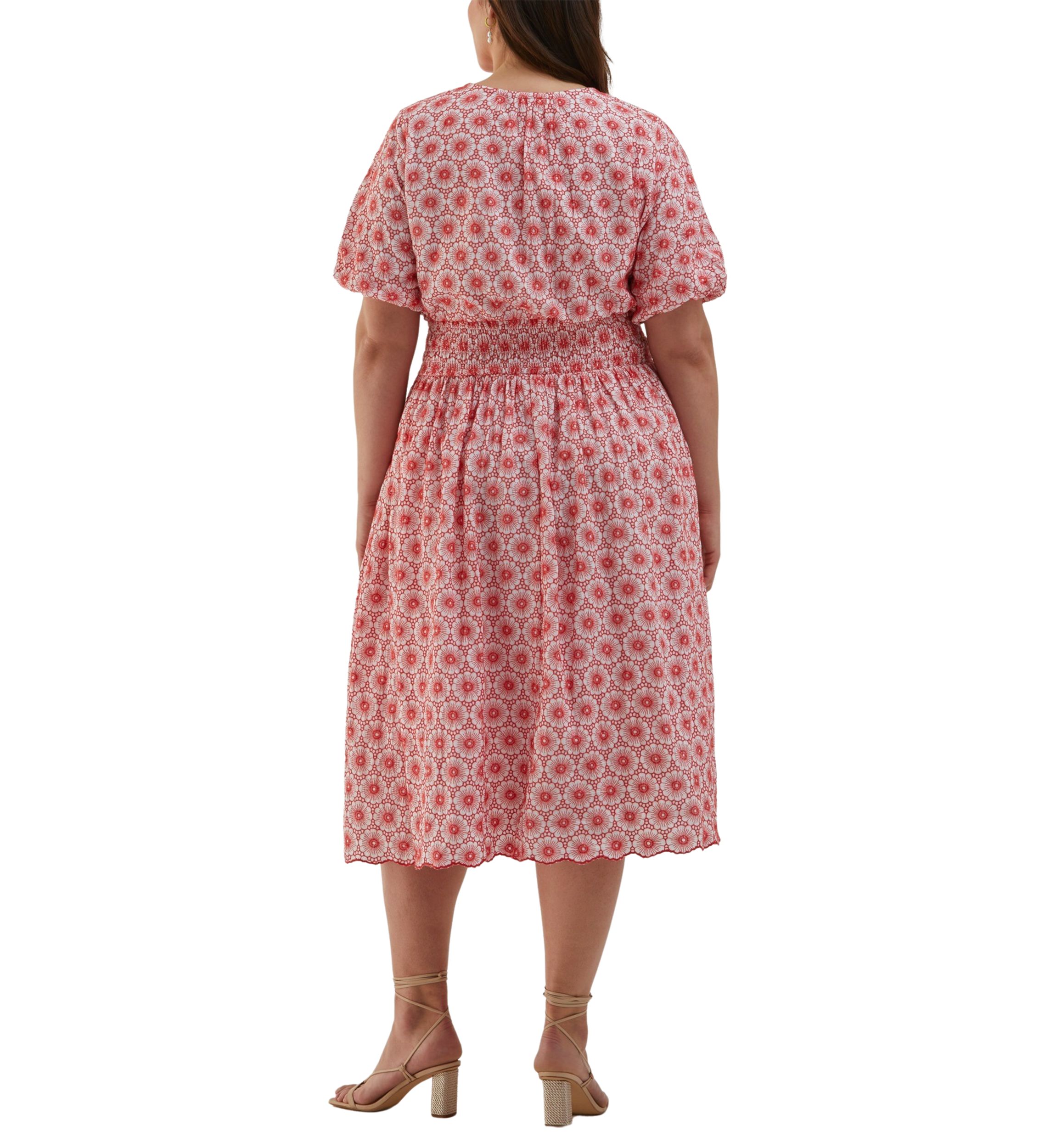 Plus Size Daisy Embroidered Smocked Puff Short Sleeve Dress