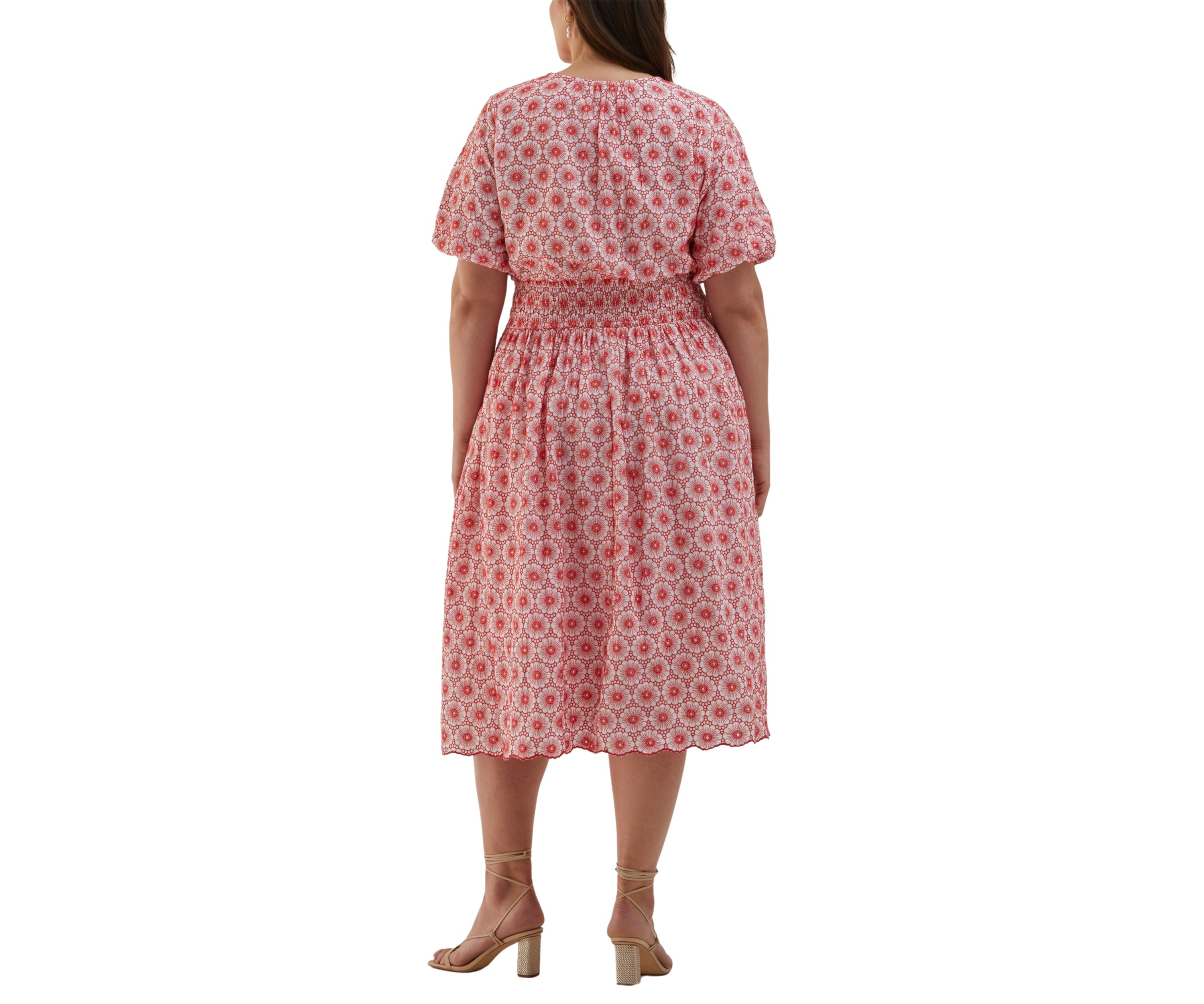Plus Size Daisy Embroidered Smocked Puff Short Sleeve Dress