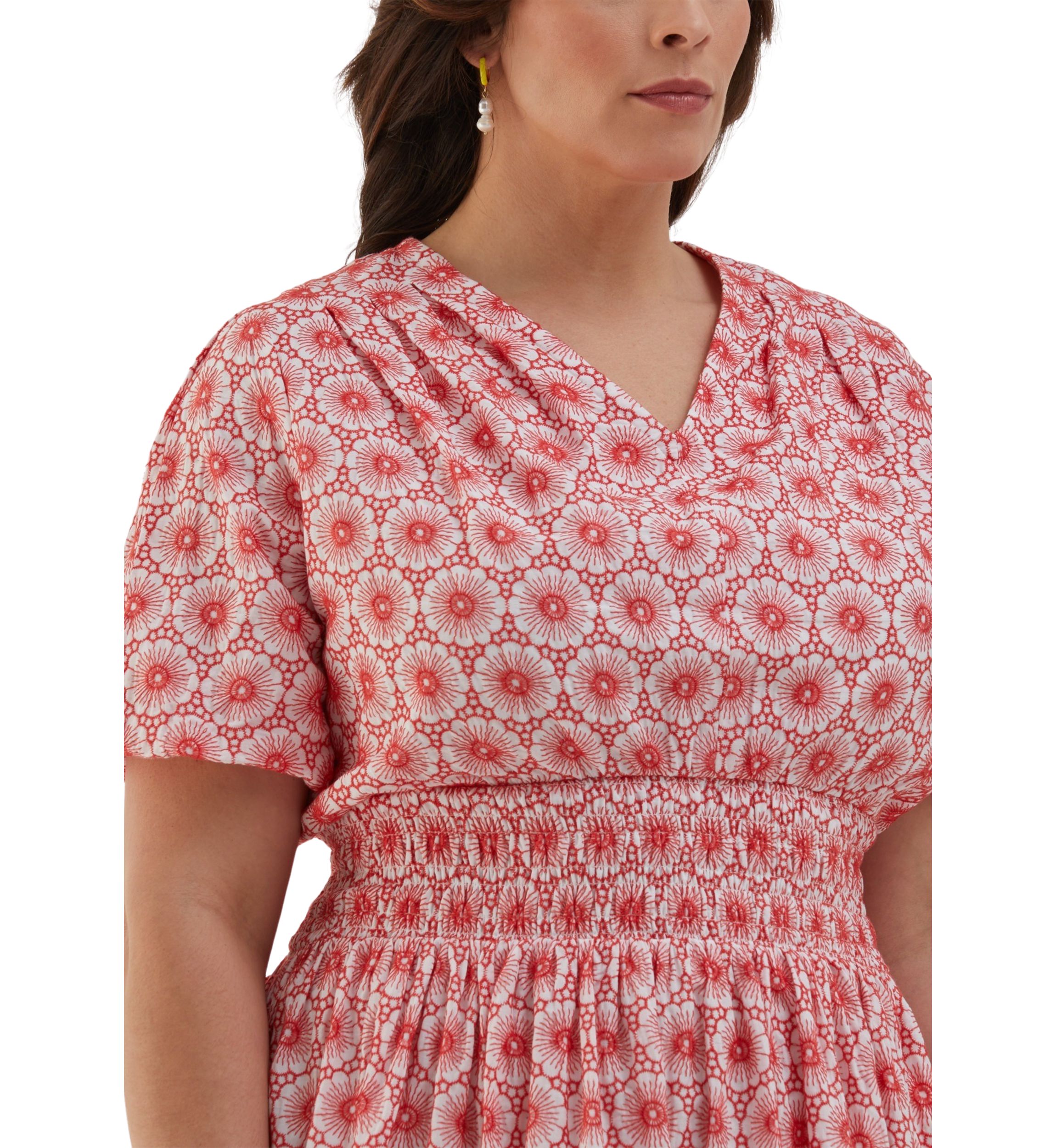 Plus Size Daisy Embroidered Smocked Puff Short Sleeve Dress