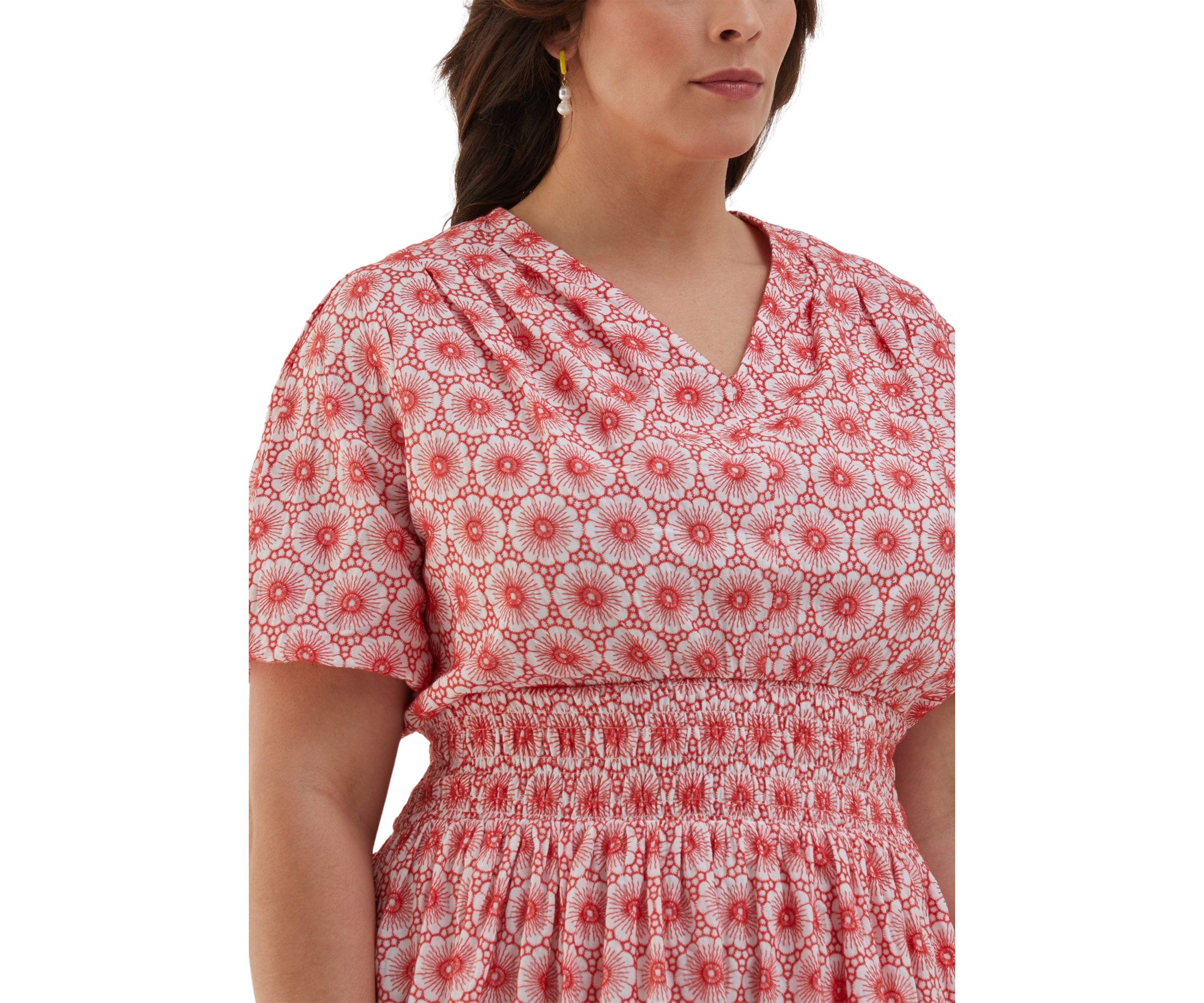 Plus Size Daisy Embroidered Smocked Puff Short Sleeve Dress