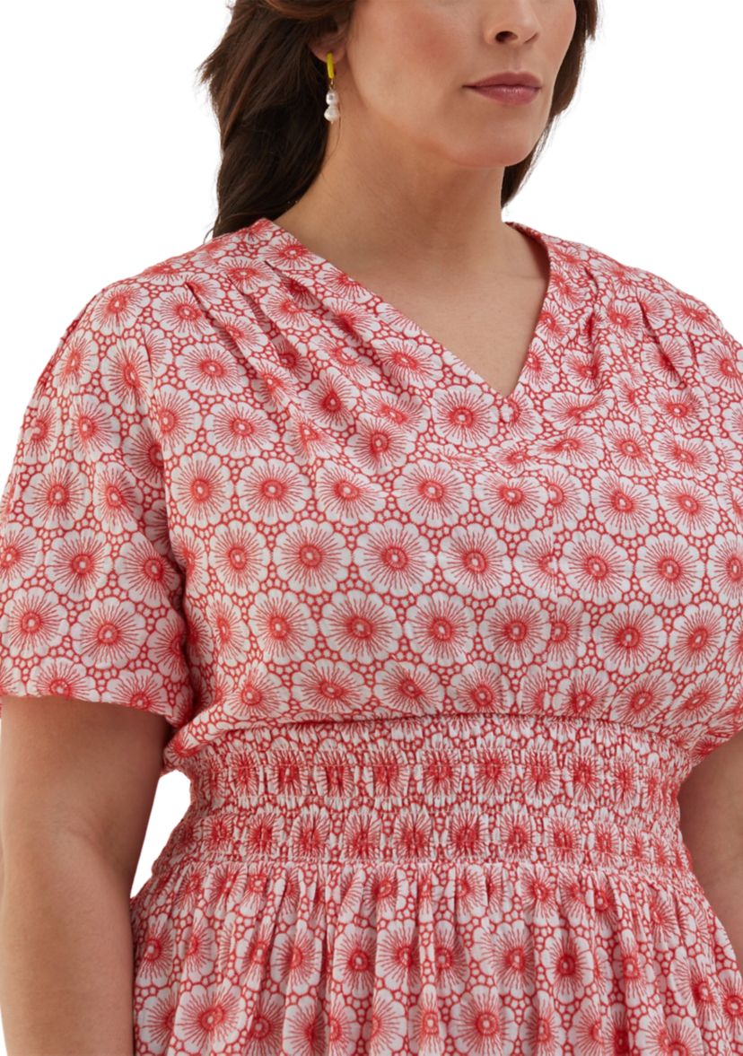 Plus Size Daisy Embroidered Smocked Puff Short Sleeve Dress