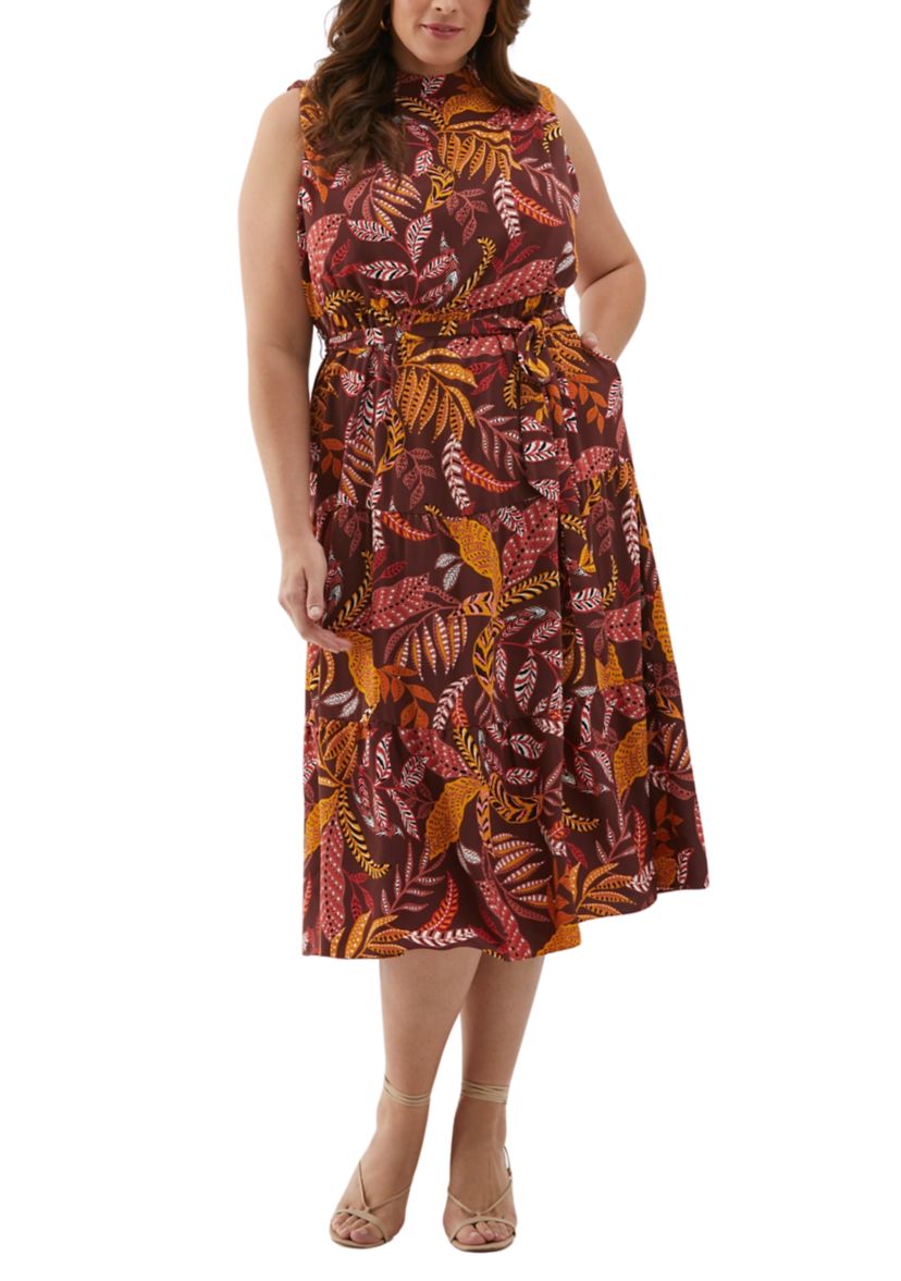Plus Size Leaf Printed Belted Sleeveless Dress