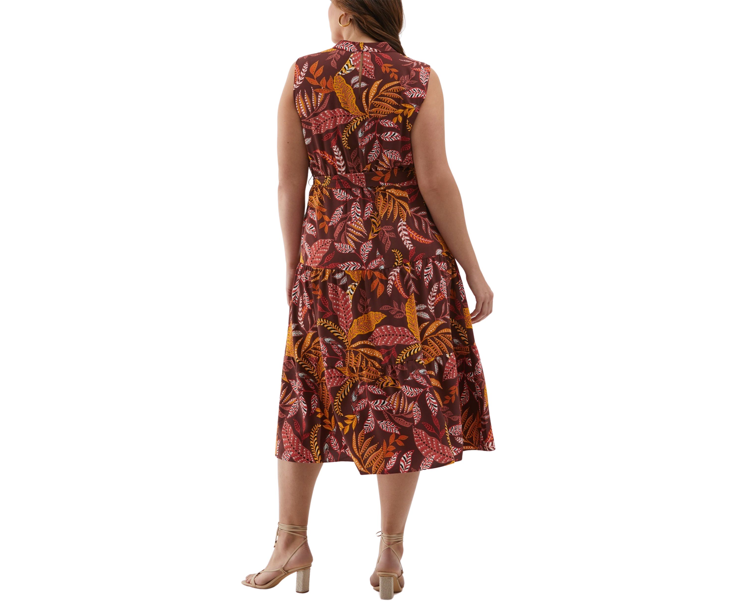 Plus Size Leaf Printed Belted Sleeveless Dress