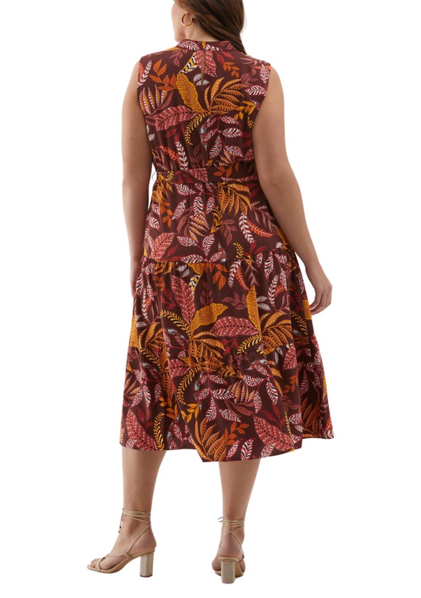 Plus Size Leaf Printed Belted Sleeveless Dress