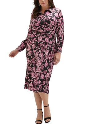 Unique Bargains Women's Plus Size Midi V Neck 3/4 Sleeve Swing Loose  Dresses 2X Pink