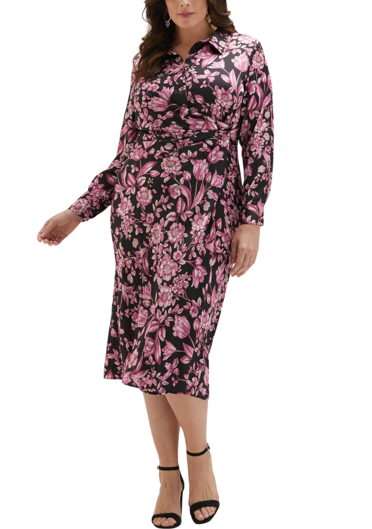 Plus Size Floral Print Gathered Popover Long Sleeve Midi Dress