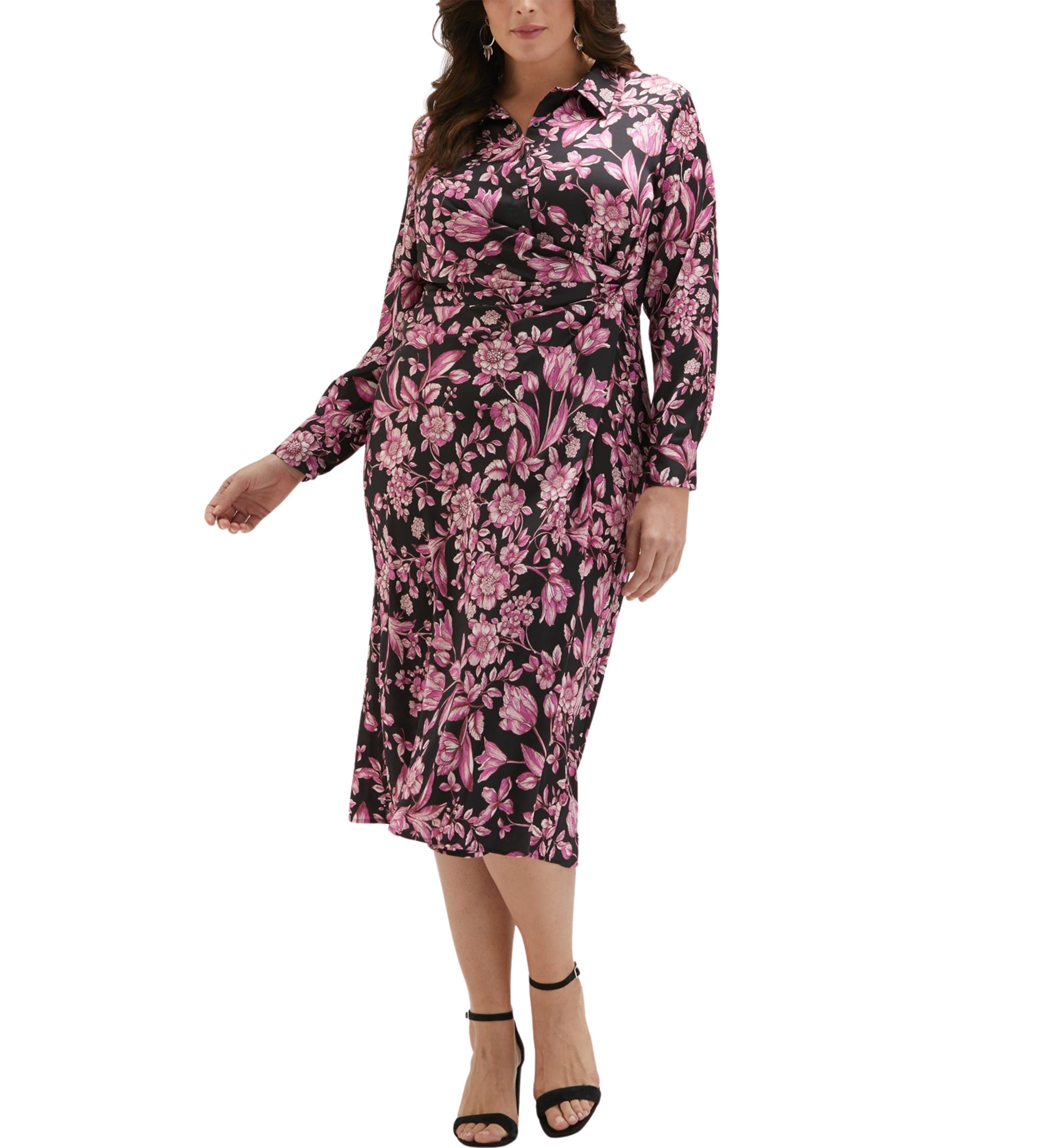 Plus Size Floral Print Gathered Popover Long Sleeve Midi Dress