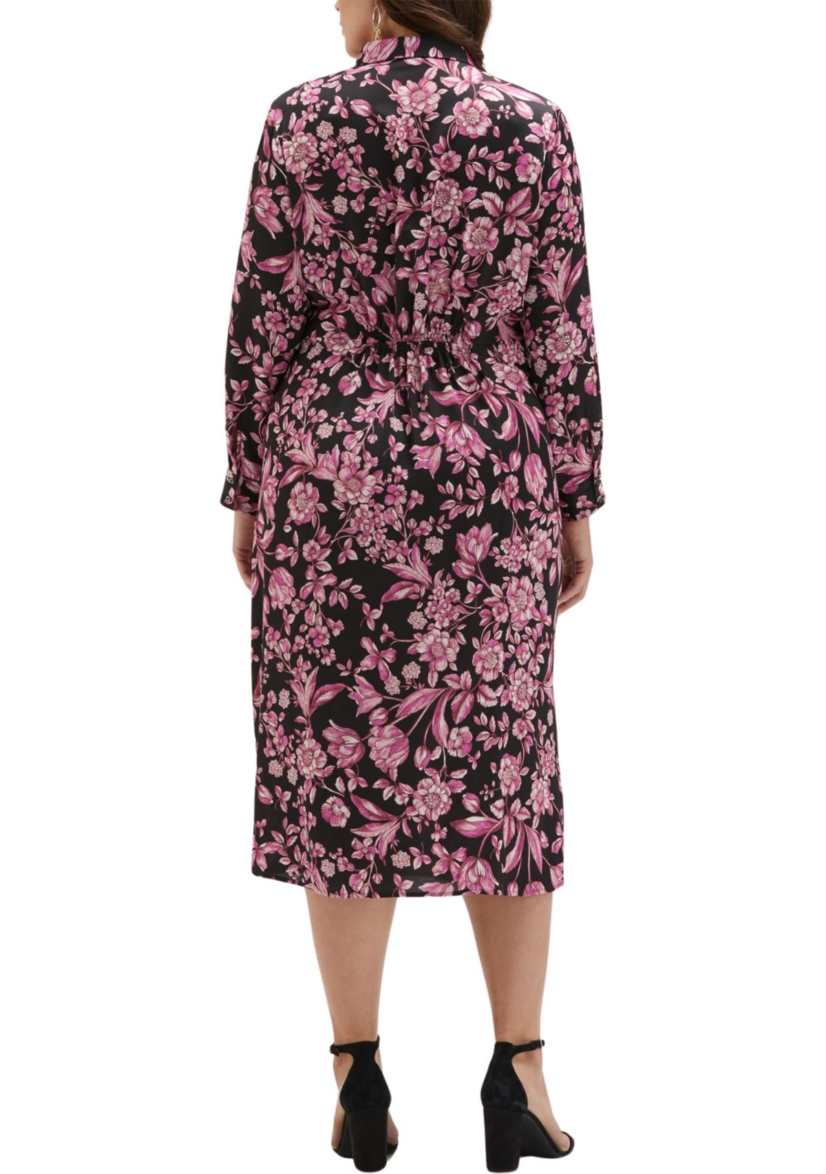 Plus Size Floral Print Gathered Popover Long Sleeve Midi Dress