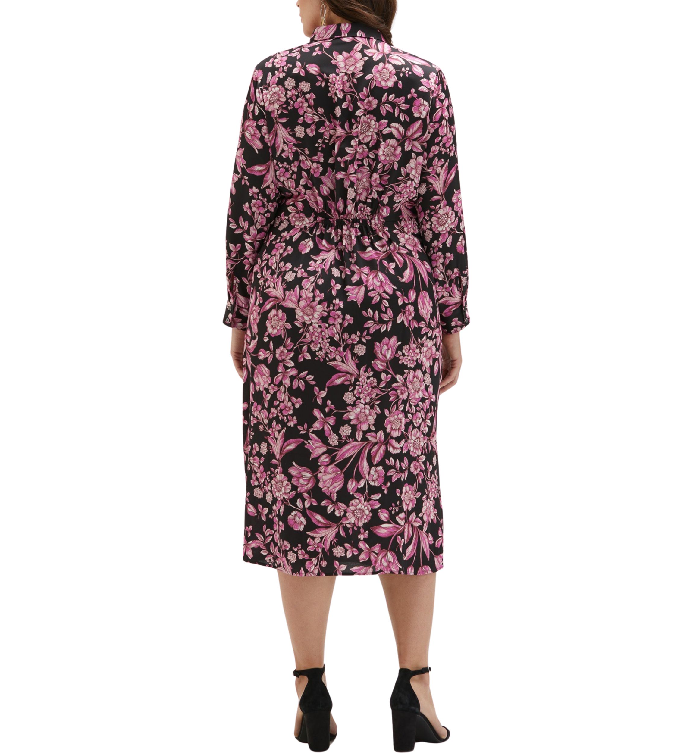 Plus Size Floral Print Gathered Popover Long Sleeve Midi Dress