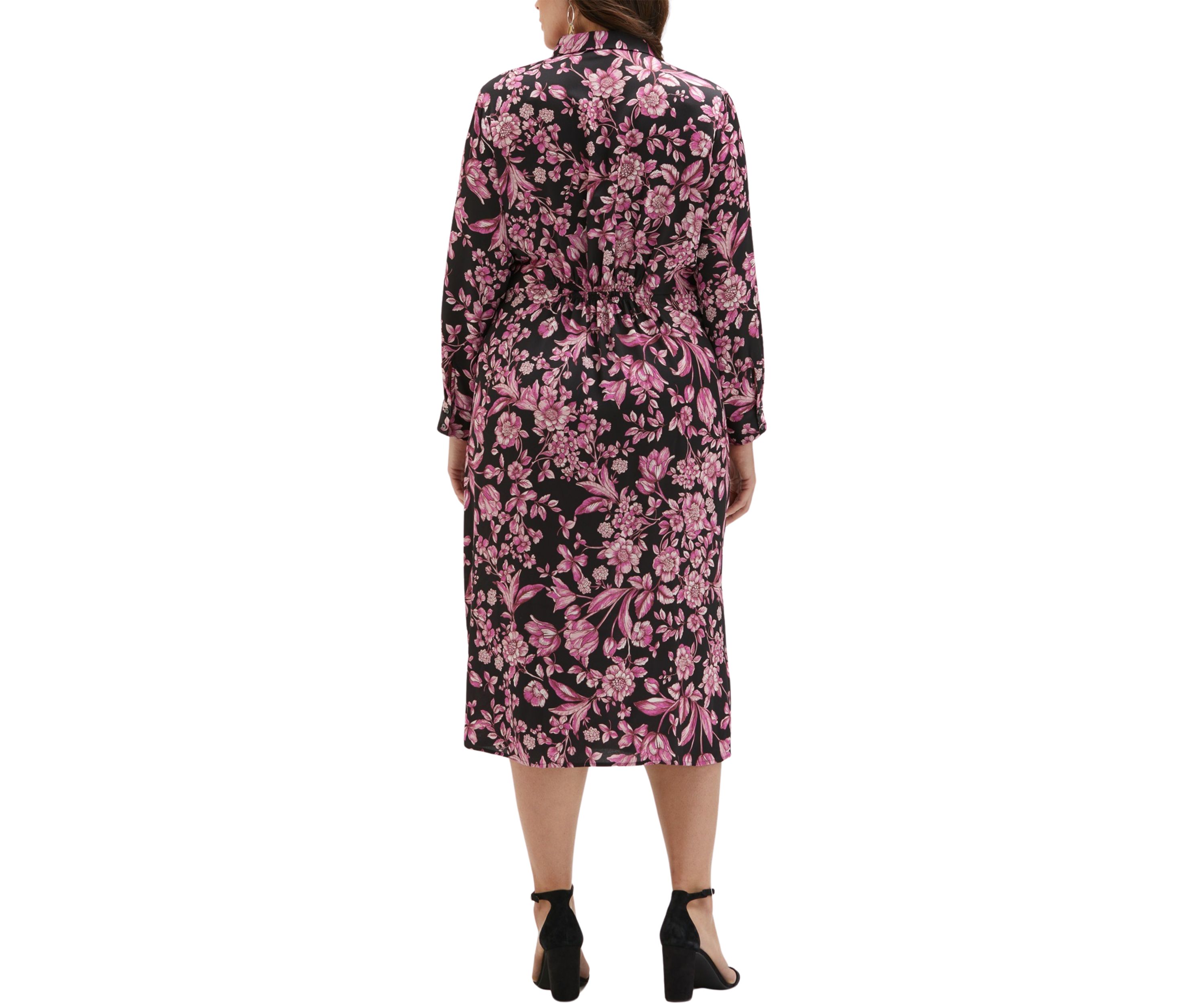 Plus Size Floral Print Gathered Popover Long Sleeve Midi Dress