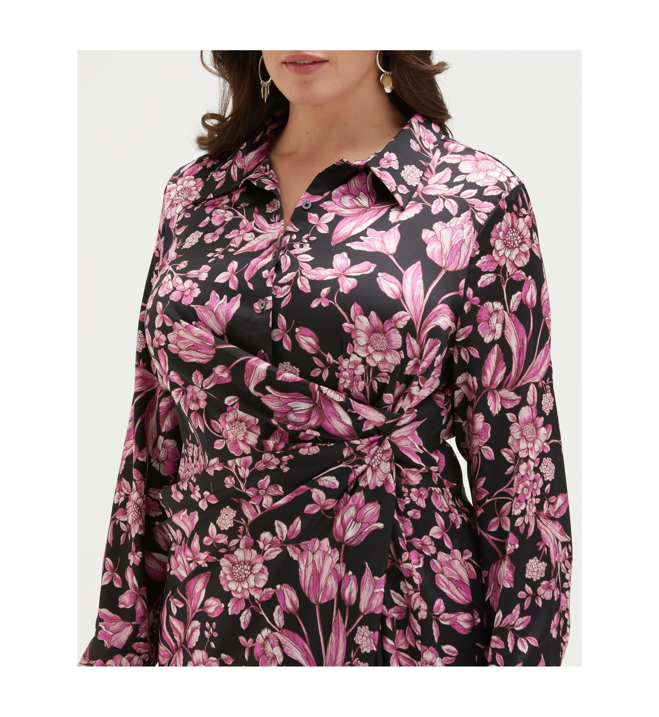 Plus Size Floral Print Gathered Popover Long Sleeve Midi Dress