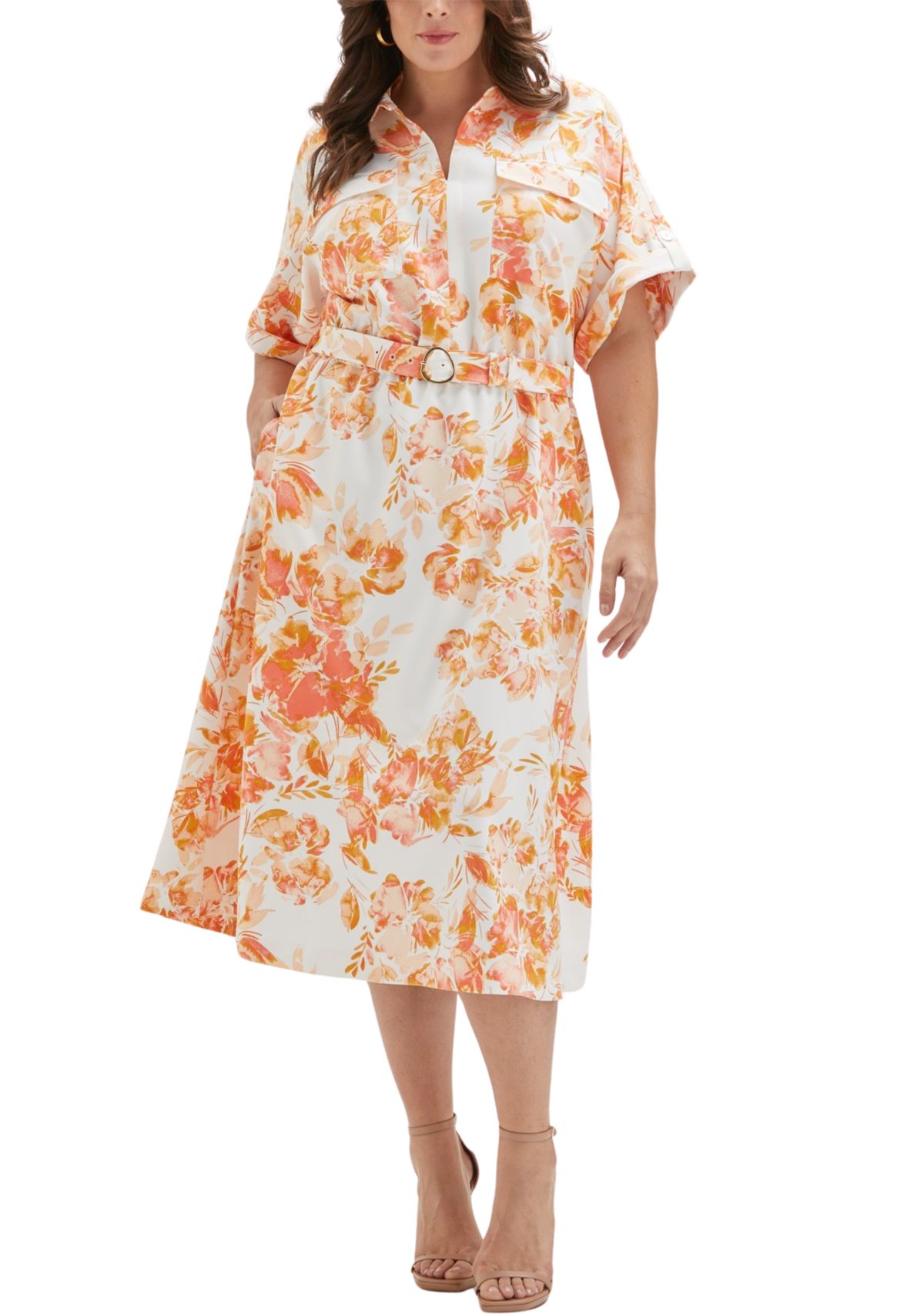Plus Size Floral Print Utility Short Sleeve Shirtdress