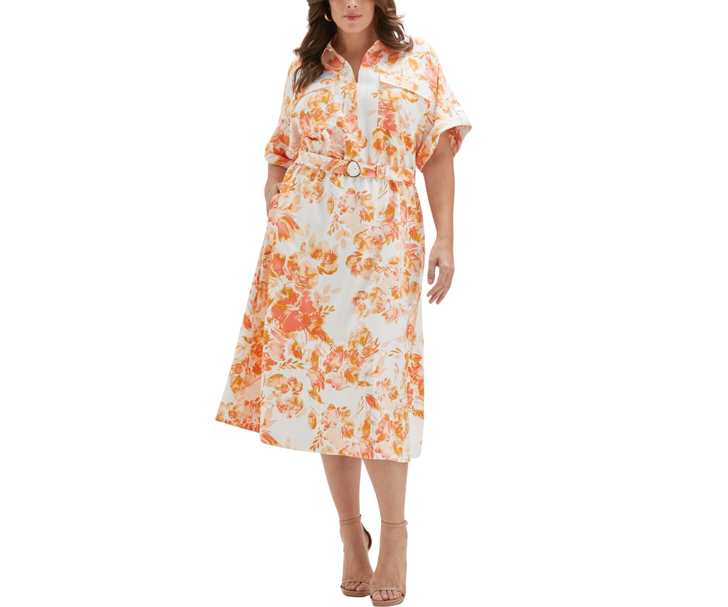Plus Size Floral Print Utility Short Sleeve Shirtdress