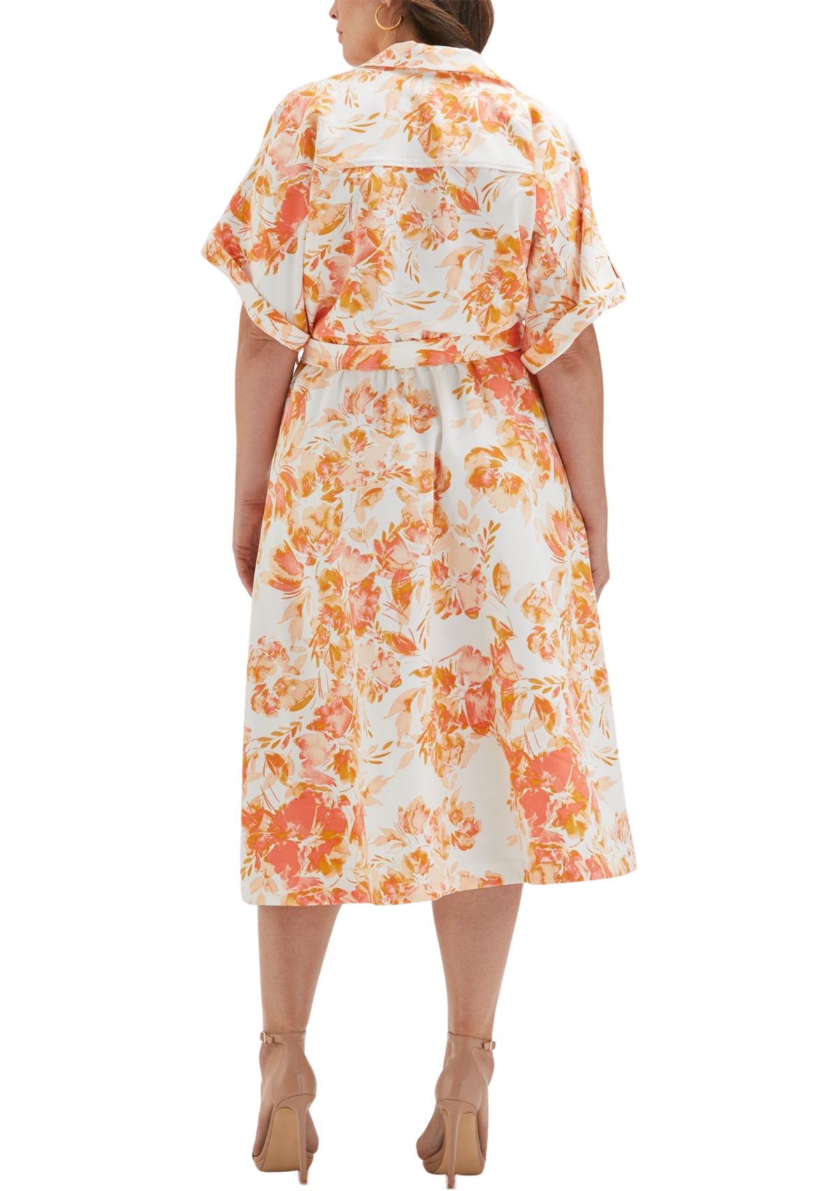 Plus Size Floral Print Utility Short Sleeve Shirtdress