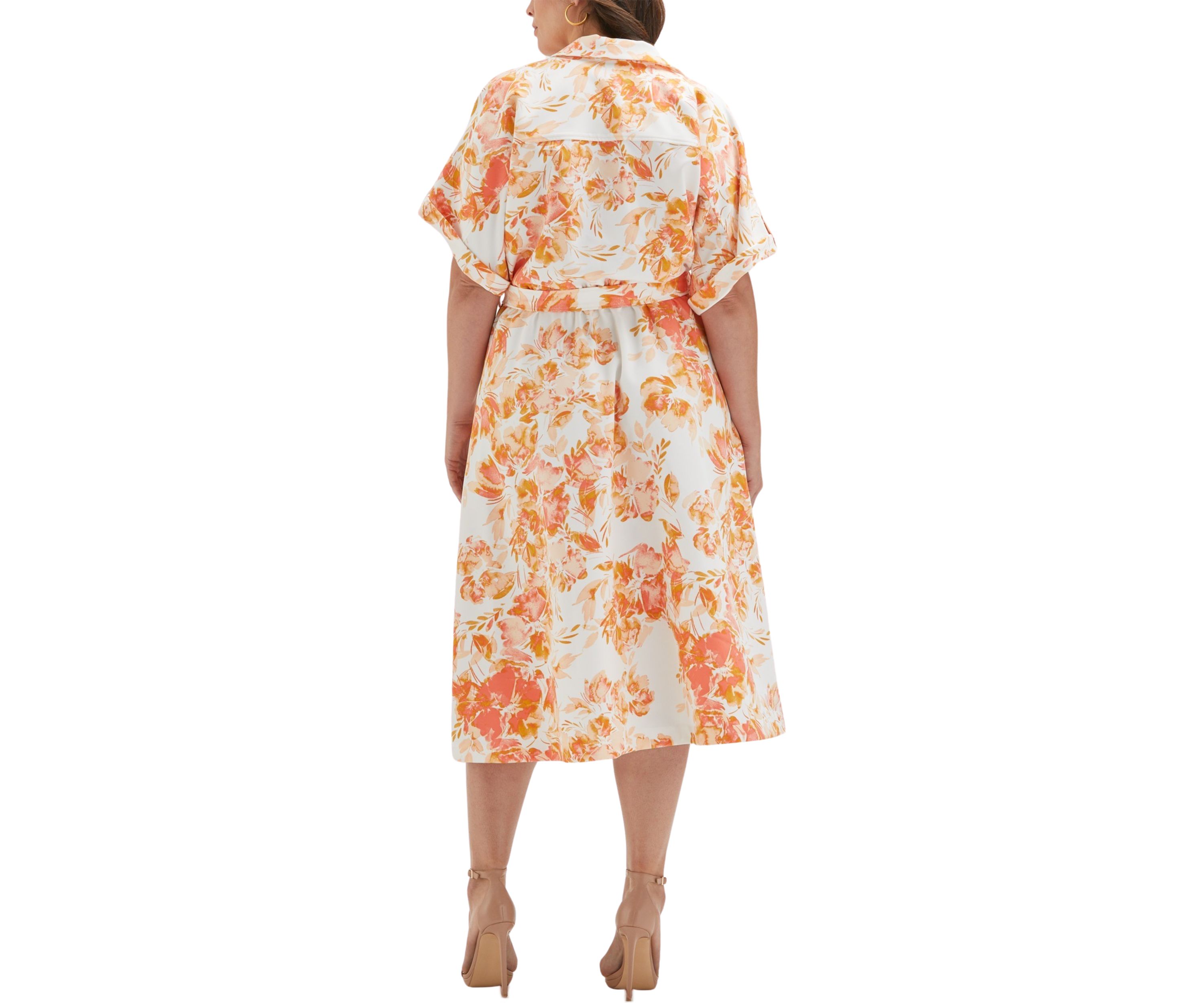 Plus Size Floral Print Utility Short Sleeve Shirtdress
