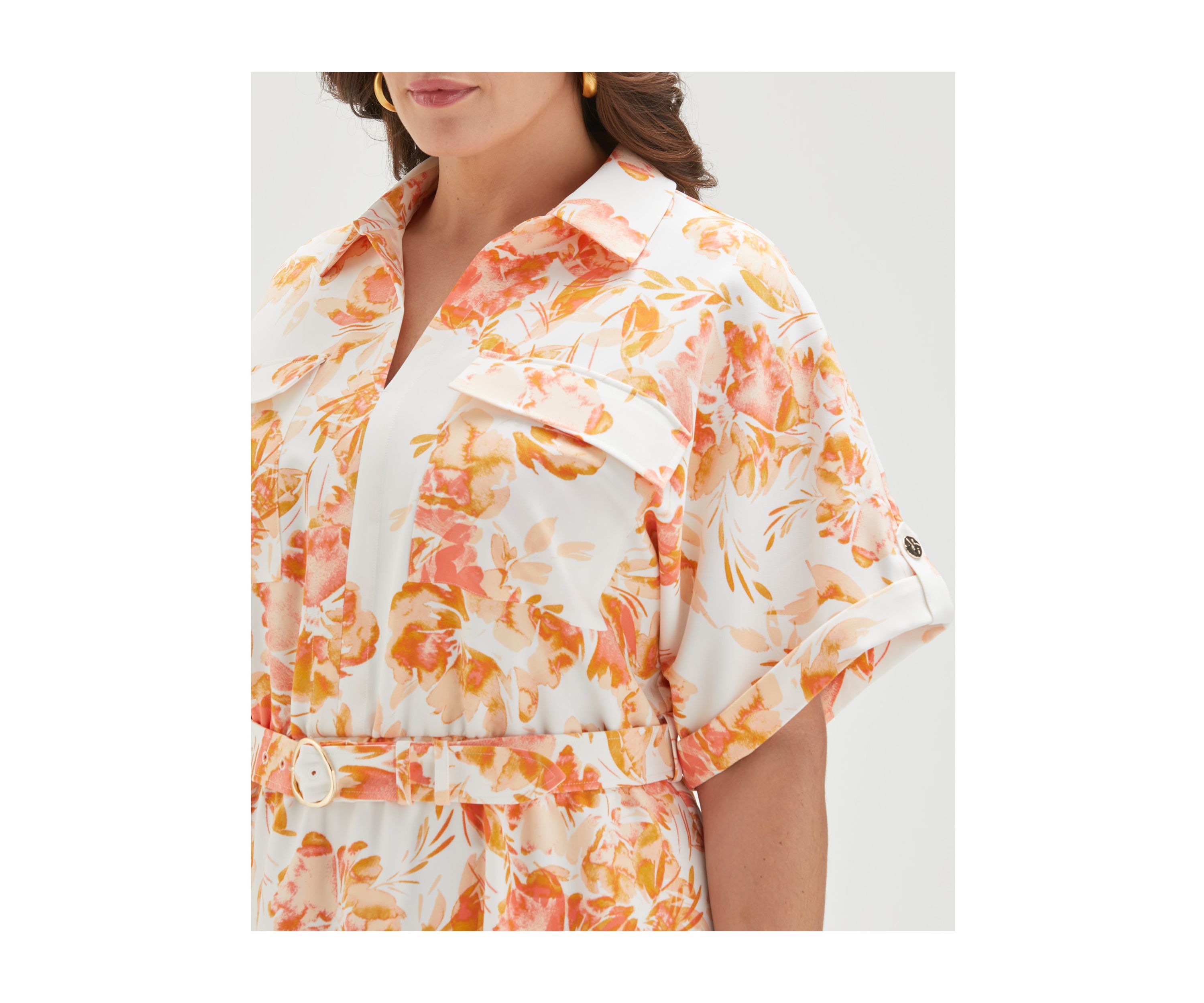 Plus Size Floral Print Utility Short Sleeve Shirtdress
