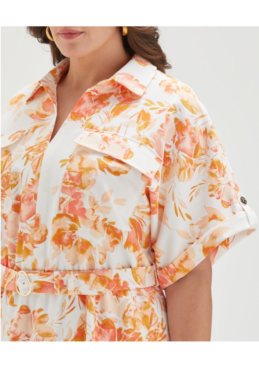 Plus Size Floral Print Utility Short Sleeve Shirtdress