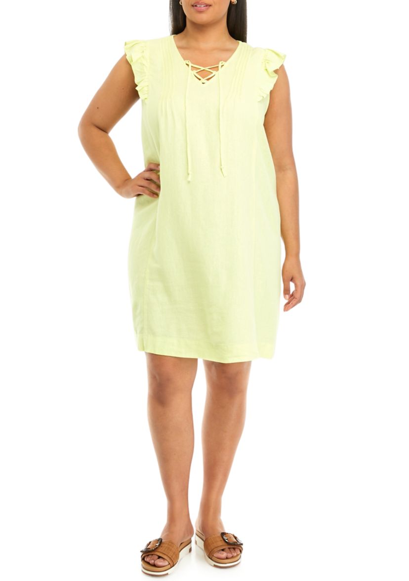 Plus Size Linen Blend Pintuck Sleeveless Dress