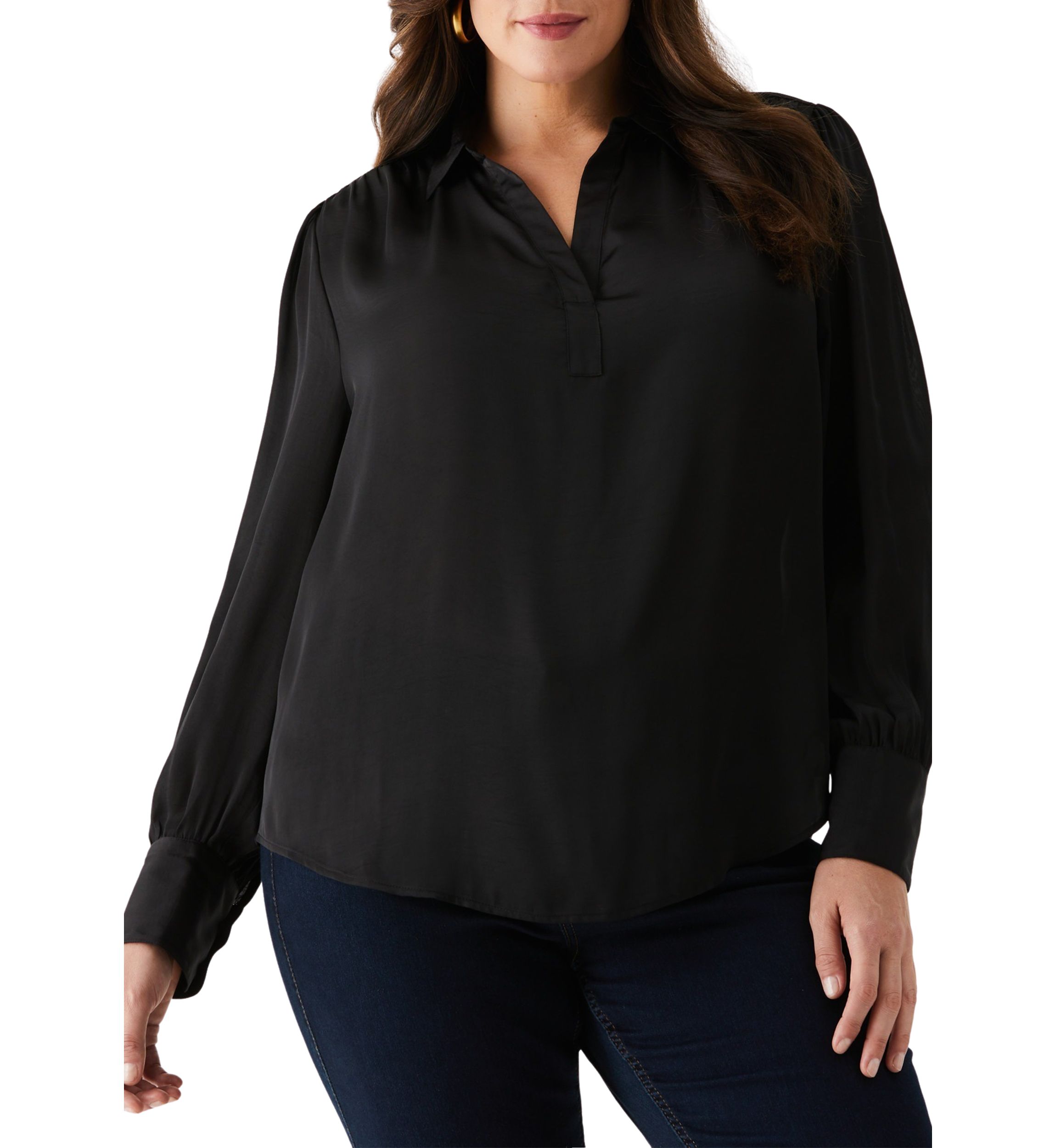 Plus Size Shirred Split Neck Long Sleeve Blouse