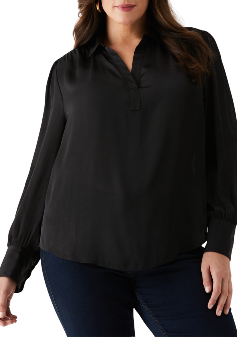 Plus Size Shirred Split Neck Long Sleeve Blouse
