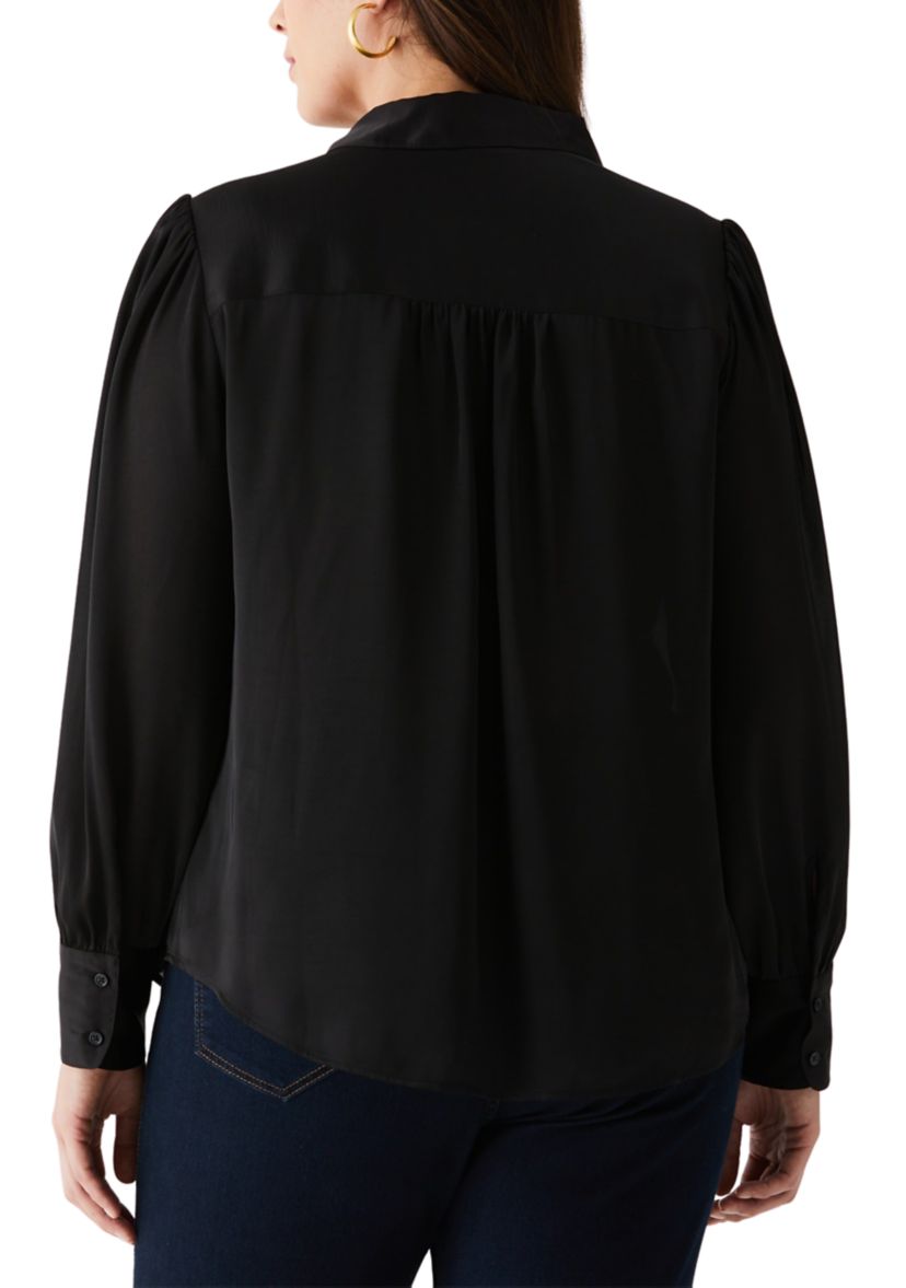 Plus Size Shirred Split Neck Long Sleeve Blouse