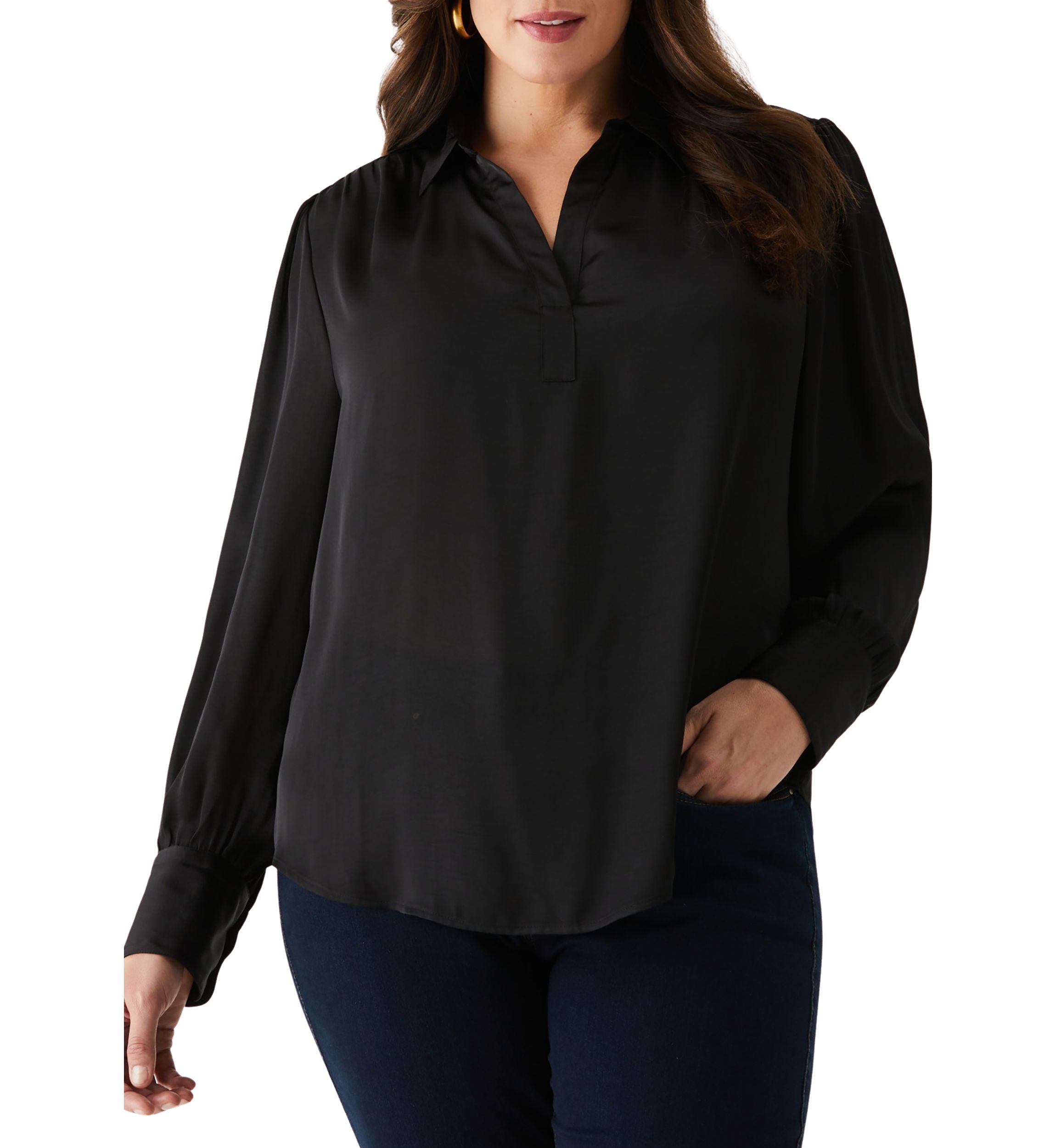 Plus Size Shirred Split Neck Long Sleeve Blouse