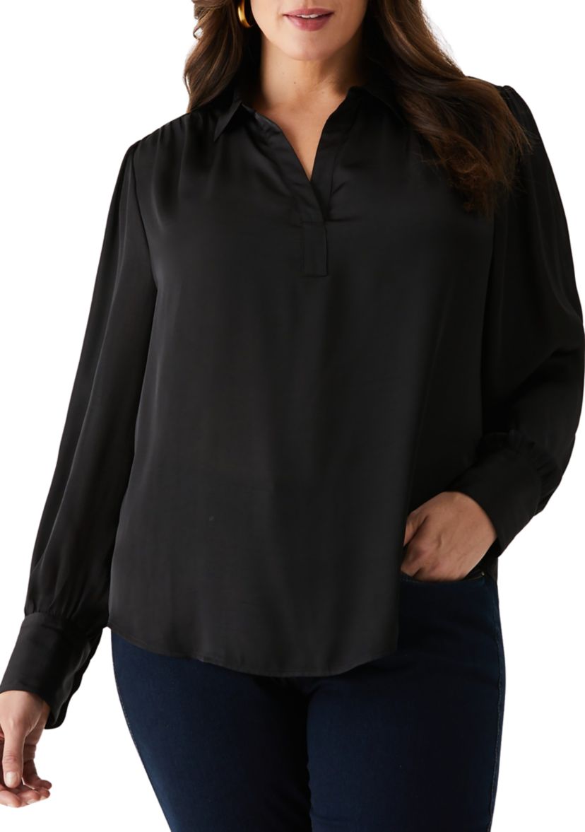 Plus Size Shirred Split Neck Long Sleeve Blouse