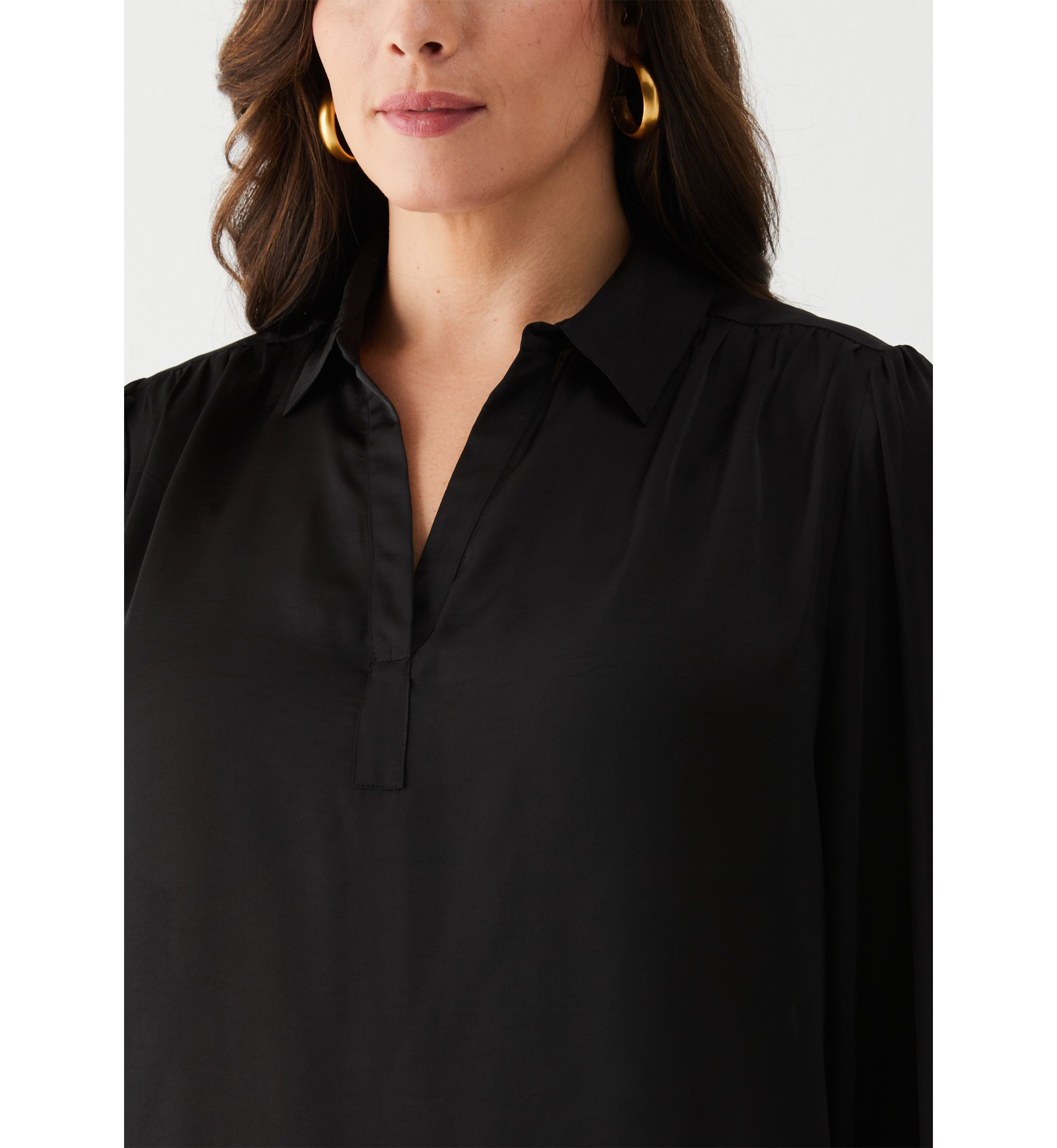 Plus Size Shirred Split Neck Long Sleeve Blouse