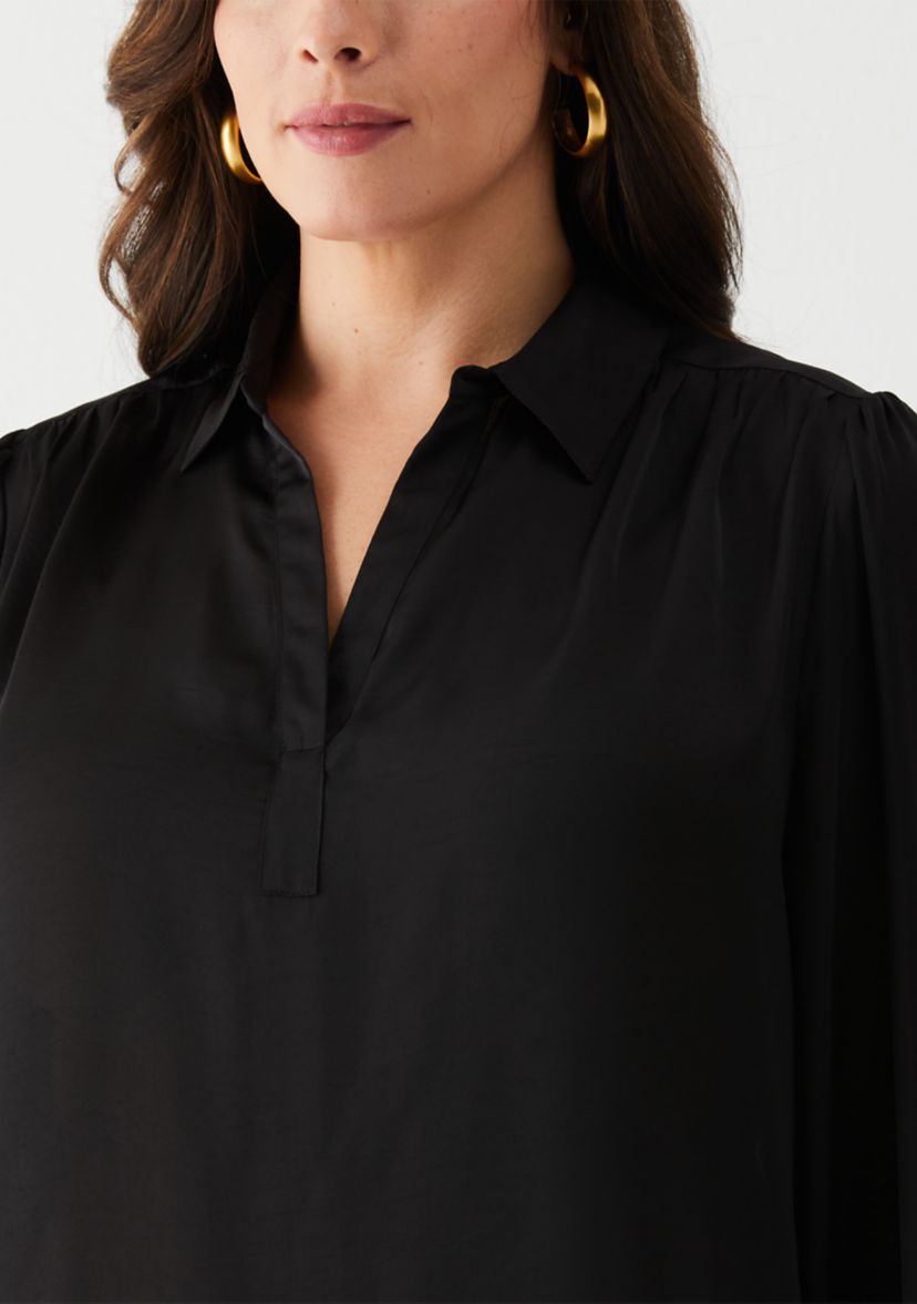 Plus Size Shirred Split Neck Long Sleeve Blouse