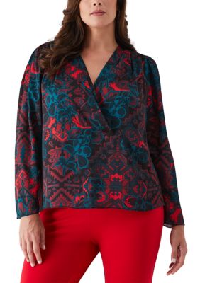 ELLA Rafaella Women's Plus Size Grand Tapestry Print Cross Front Long Sleeve Blouse, 0X